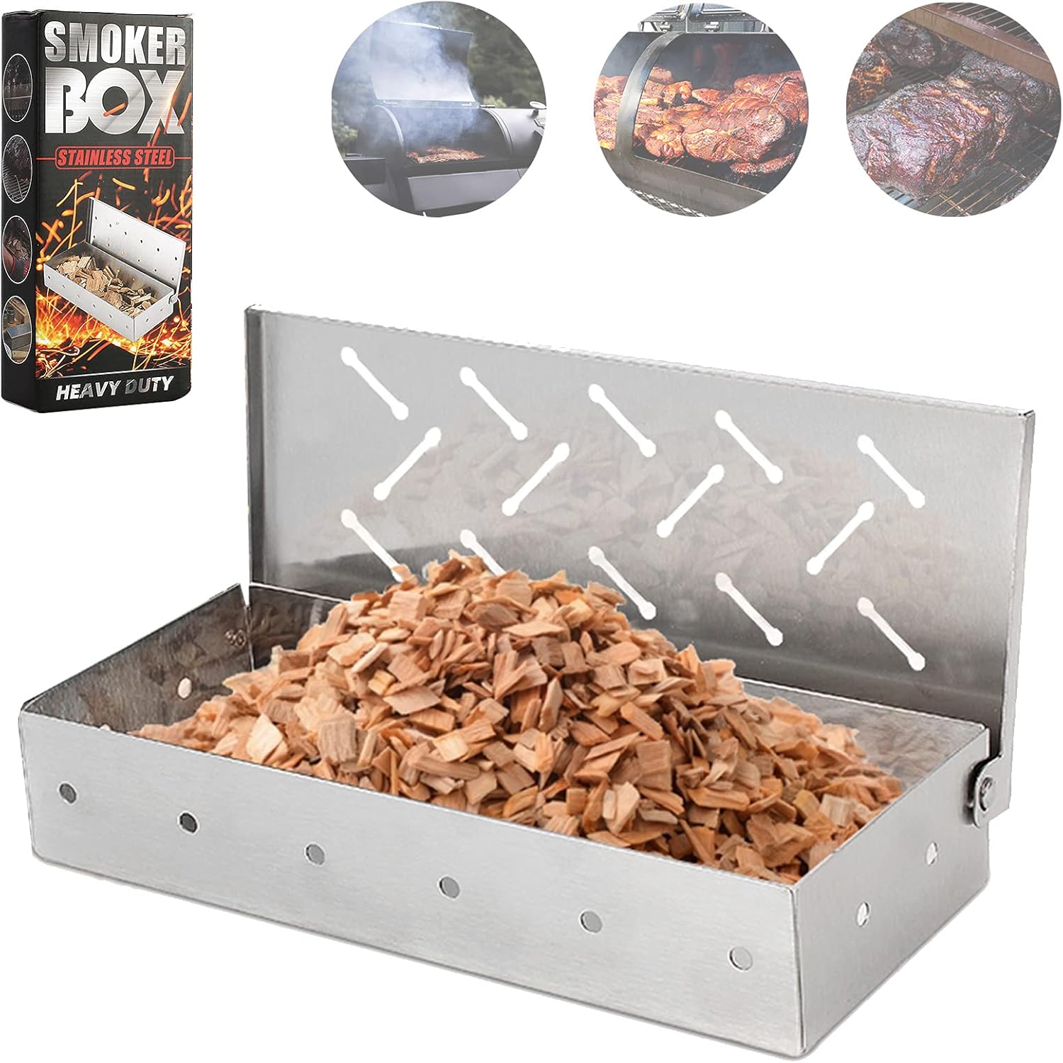 Smoker Box for BBQ Grill Wood Chips -Smoker Grill Accessories - Charcoal & Gas Barbecue Meat Smoking with Hinged Lid - Best Grilling Accessories & Utensils Gift for Dad