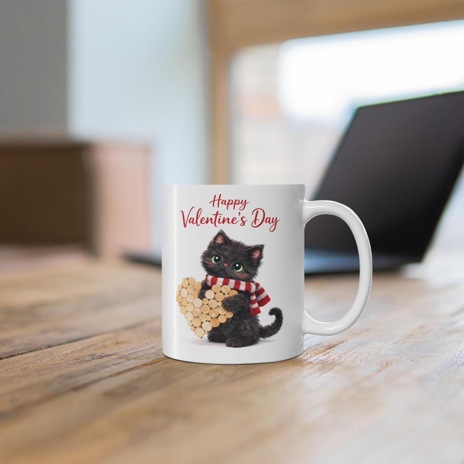 Happy Valentine's Day Mug,Cute Black Cat with Wooden Heart Design,Romantic Gift for Cat Lovers - Image 2
