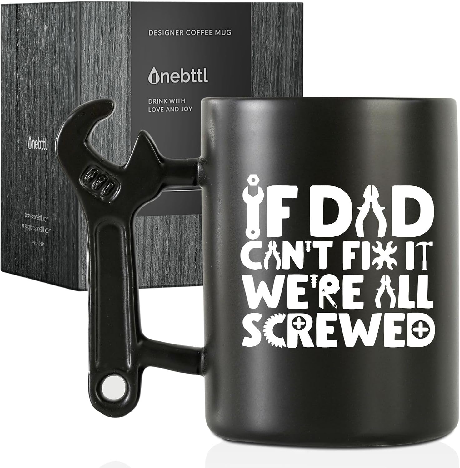 Onebttl Dad Gifts from Daughter and Son, Coffee Mug with Wrench Spanner Handle, 400ml Funny Ceramic Cup for Father on Birthday, Father's Day, Christmas - If Dad Can't Fix We are All Screwed