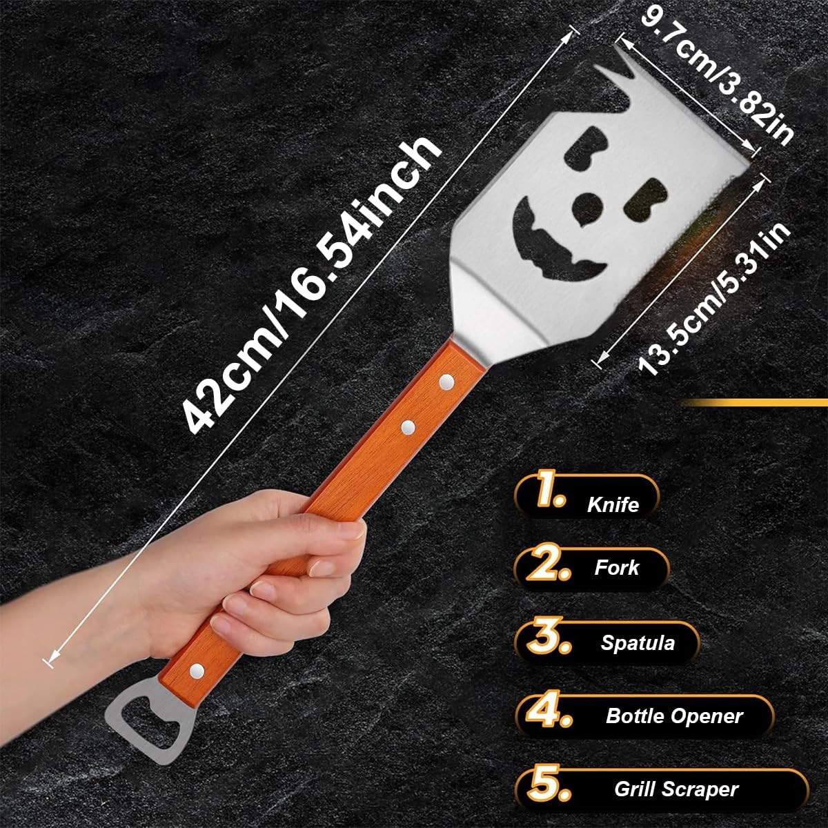 7 in 1 Multifunction BBQ Tool, BBQ Spatula for Outdoor Grill, Extra Long Grill Accessories Stainless Steel, Wooden Handle Barbecue Utensils, Holiday, Gifts for Men - Image 2