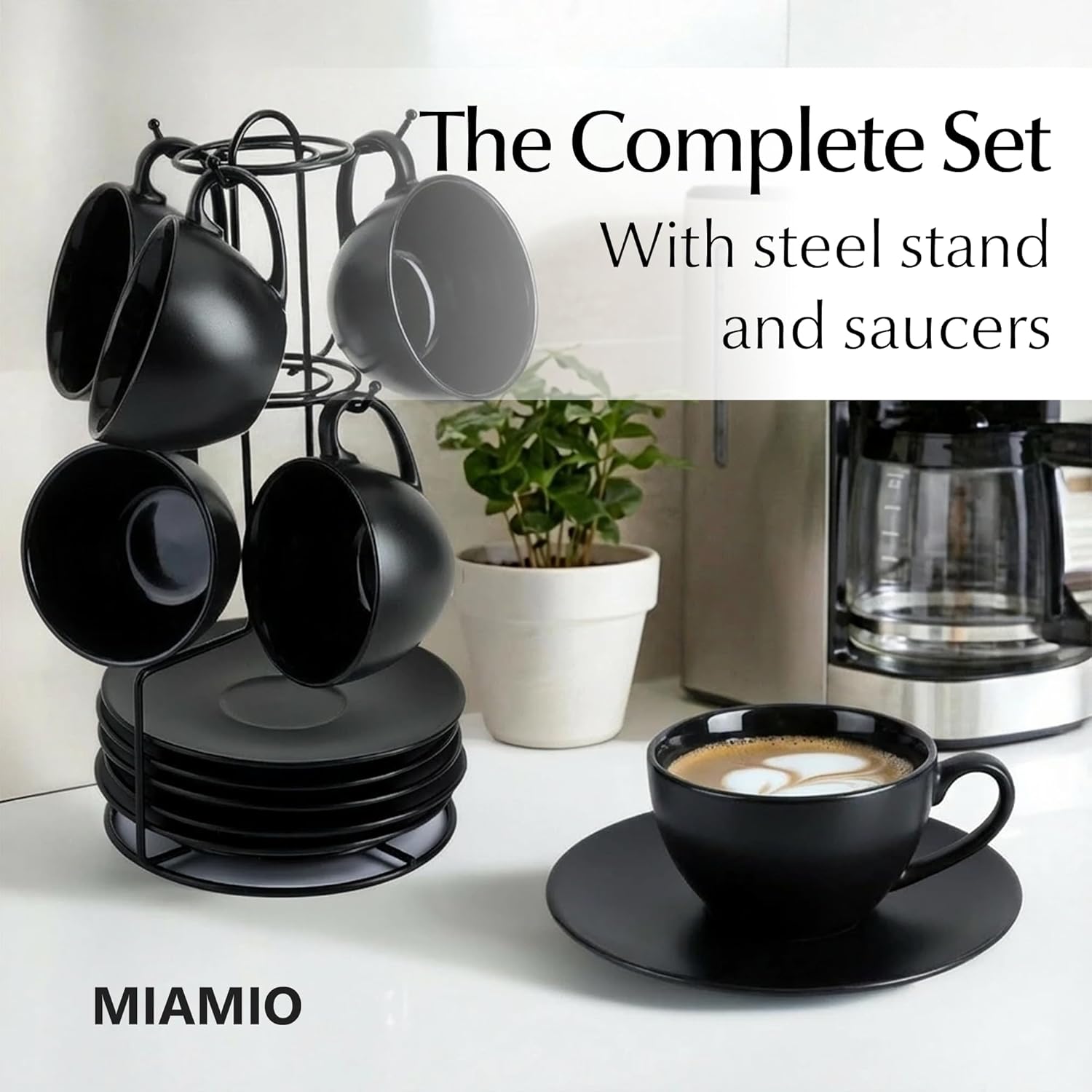 MIAMIO - Set of 6, Ceramic Stackable Cappuccino Cups Set / 175 ml Cappuccino Mugs and Saucer with Metal Stand for Coffee Drinks, Cappuccino, Latte, Americano and Tea - Le Papillon Collection (Black) - Image 3