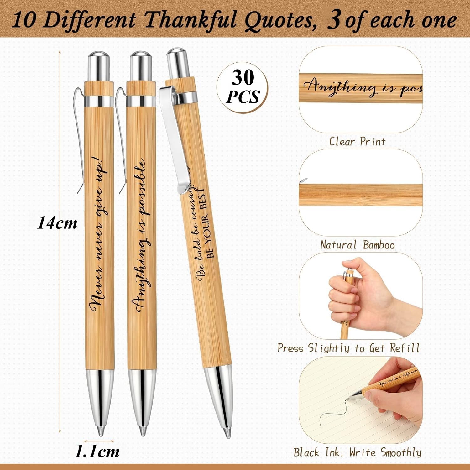 LATERN 30Pcs Inspirational Ballpoint Pens, 14CM Bamboo Motivational Quotes Pen Retractable Black Ink Stylus Pens for Women Men Bosses Office Desk Supplies Gifts (10 Positive Style) - Image 4