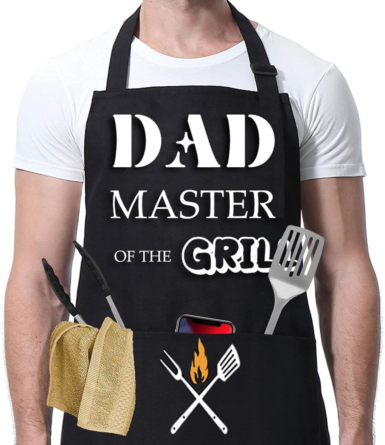 BBQ Apron for Men, Dad's Apron, Black Waterproof Apron, Adjustable Chef Apron with 2 Pockets, Personalised Apron for Grilling Cooking Kitchen, Gifts for Men Dad Husband Boyfriend