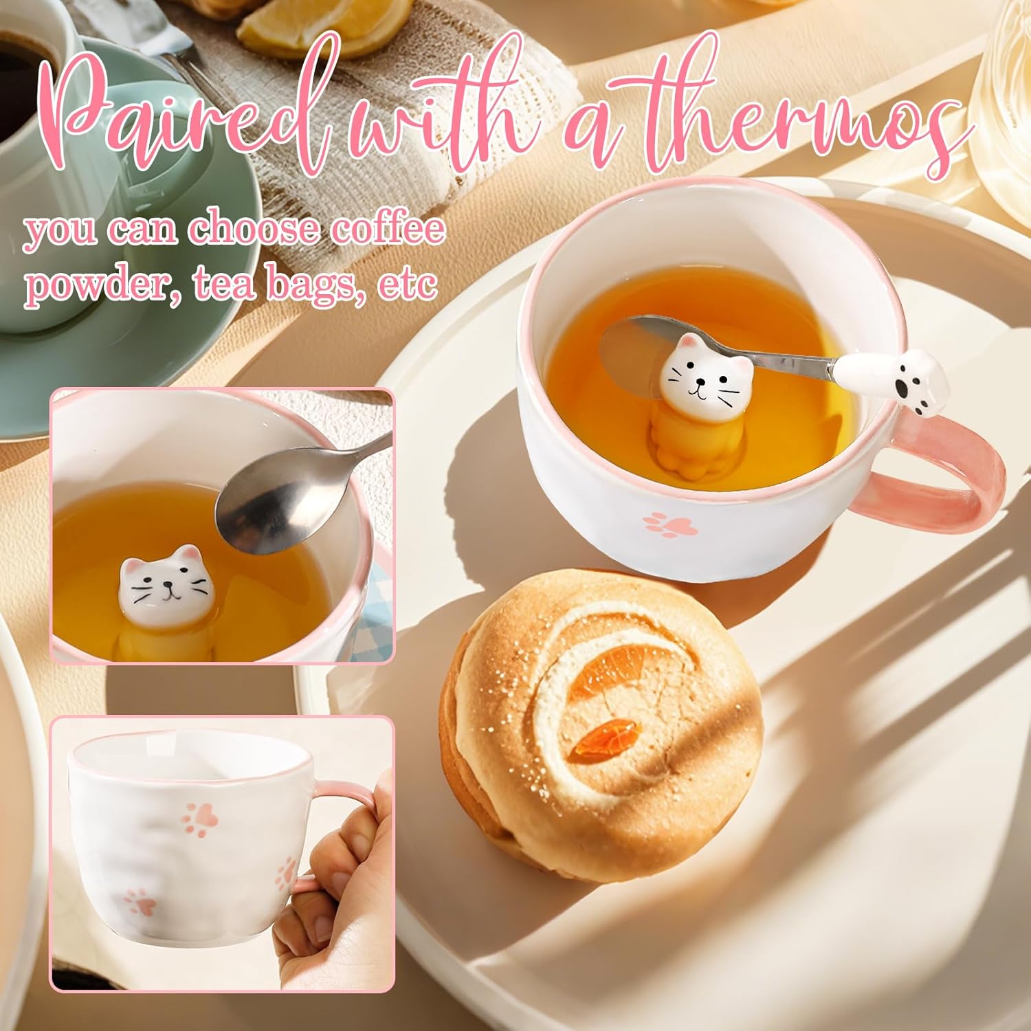Gifts for Women Cute Cat Coffee Mug Tea Cup with Spoon Lid Kawaii Stuff Funny Cool Mugs Christmas Xmas Valentine's Mother's Day Halloween Birthday Gifts for Her Wife Mum Grandma Girls Teacher Friend - Image 7