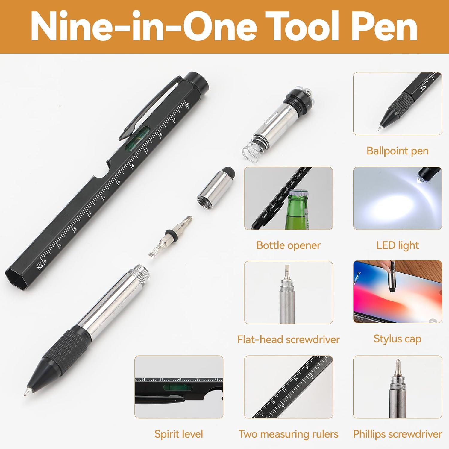 9 in 1 Multi Tool Pen with Stylus, Screwdrivers, Ruler and LED Torch, Tactical Pen Gift Set for Men Pocket Multitool DIY, Office Outdoor Cool Gadgets for Him Dad Xmas Thanksgiving Gifts - Image 3