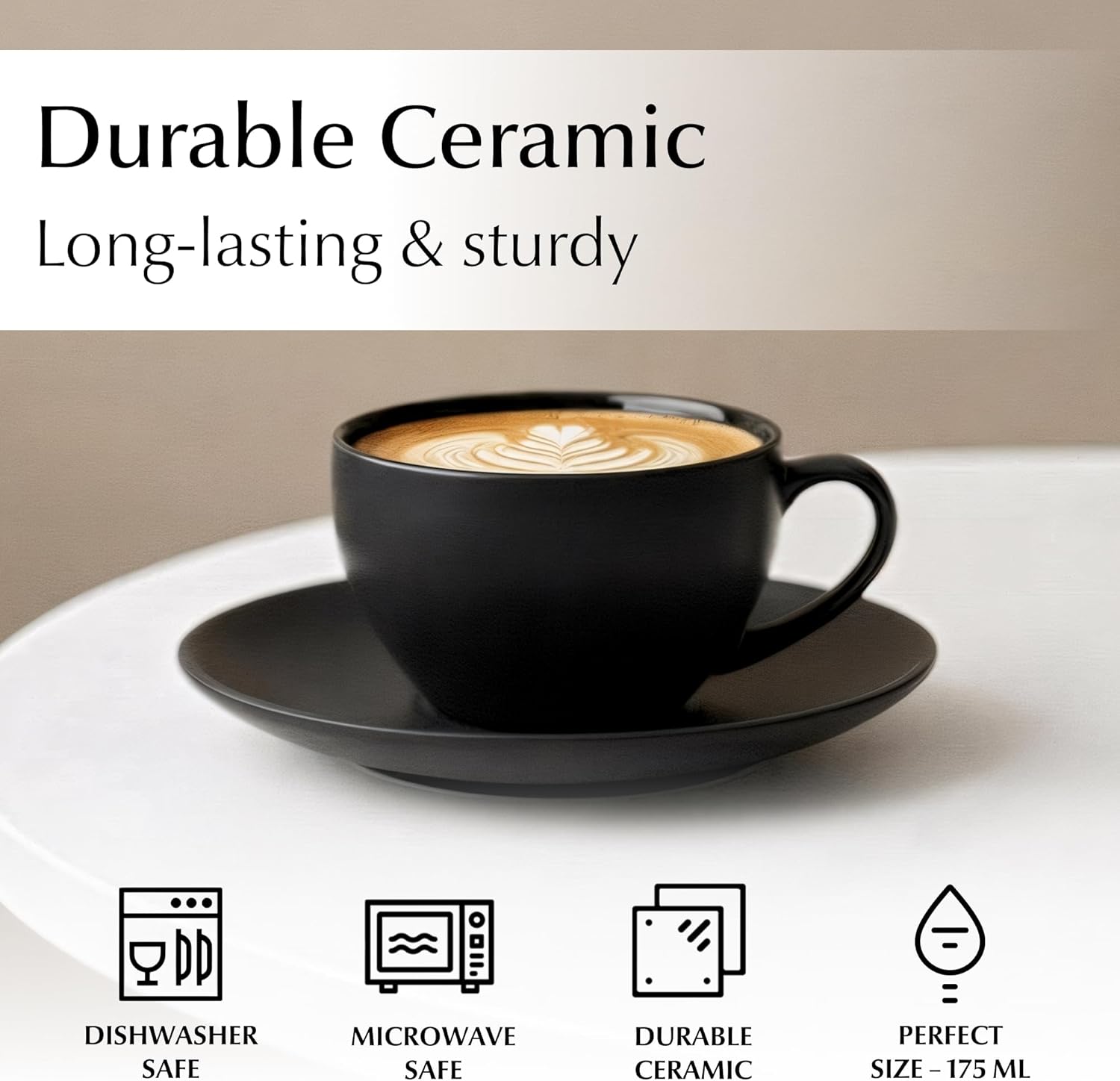 MIAMIO - Set of 6, Ceramic Stackable Cappuccino Cups Set / 175 ml Cappuccino Mugs and Saucer with Metal Stand for Coffee Drinks, Cappuccino, Latte, Americano and Tea - Le Papillon Collection (Black) - Image 5