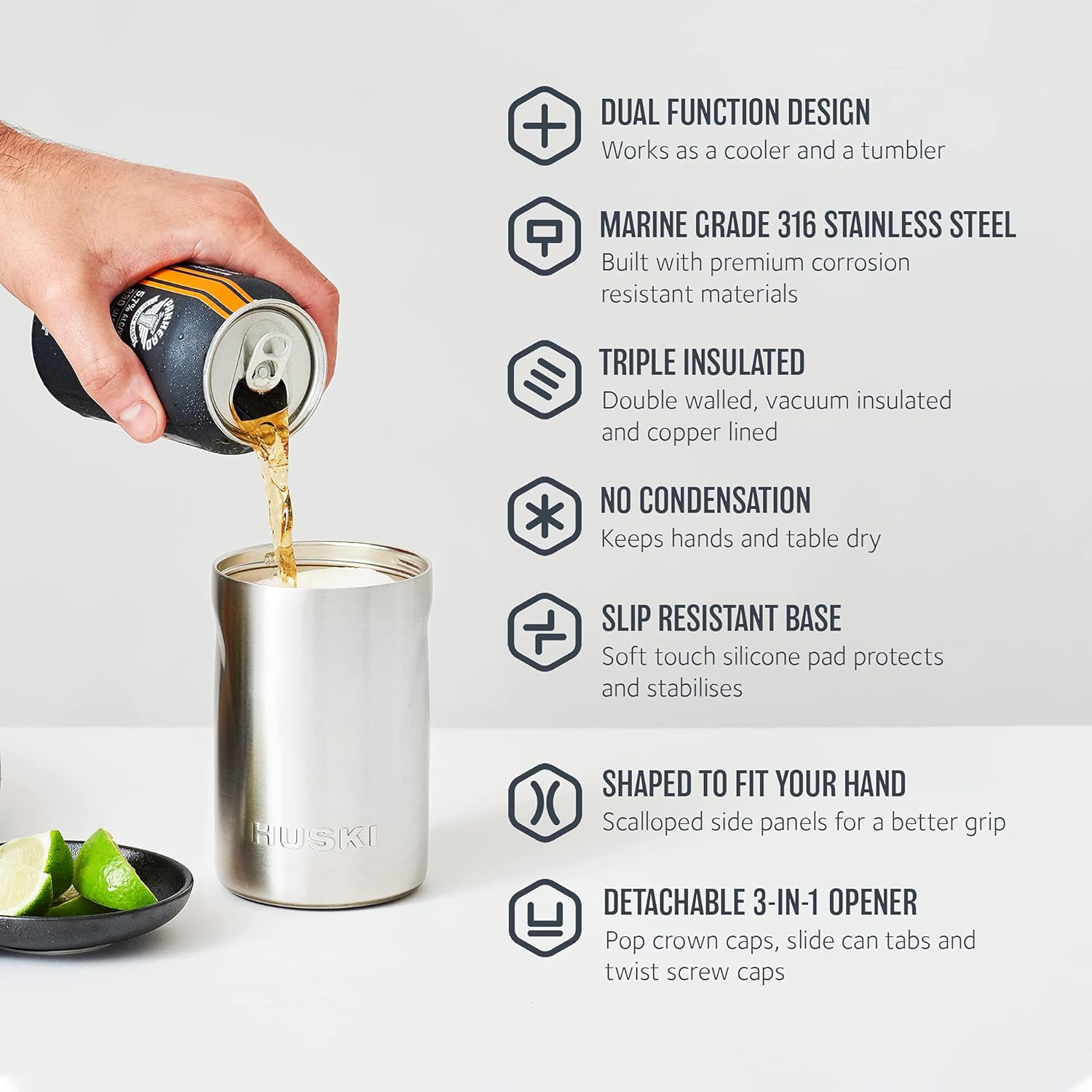 Huski Beer Cooler 2.0 | New | Premium Can and Bottle Holder | Triple Insulated Marine Grade Stainless Steel | Detachable 3-in-1 Opener | Works as a Tumbler | Best Gifts for Beer Lovers (Stainless) - Image 4