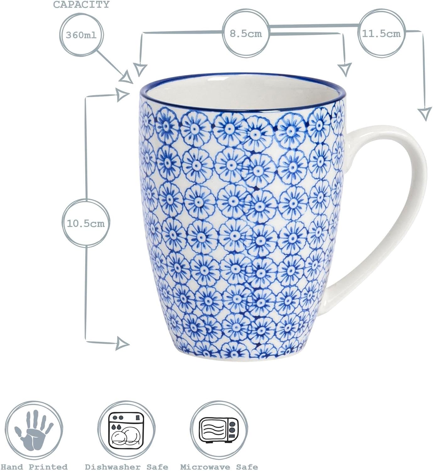 Nicola Spring Hand-Printed Mug - 330ml - Navy, Orange & Blue - Pack of 6 - Porcelain Hot Chocolate Cups Tea & Coffee Mugs for Kitchens, Cafes & Restaurants - Image 3
