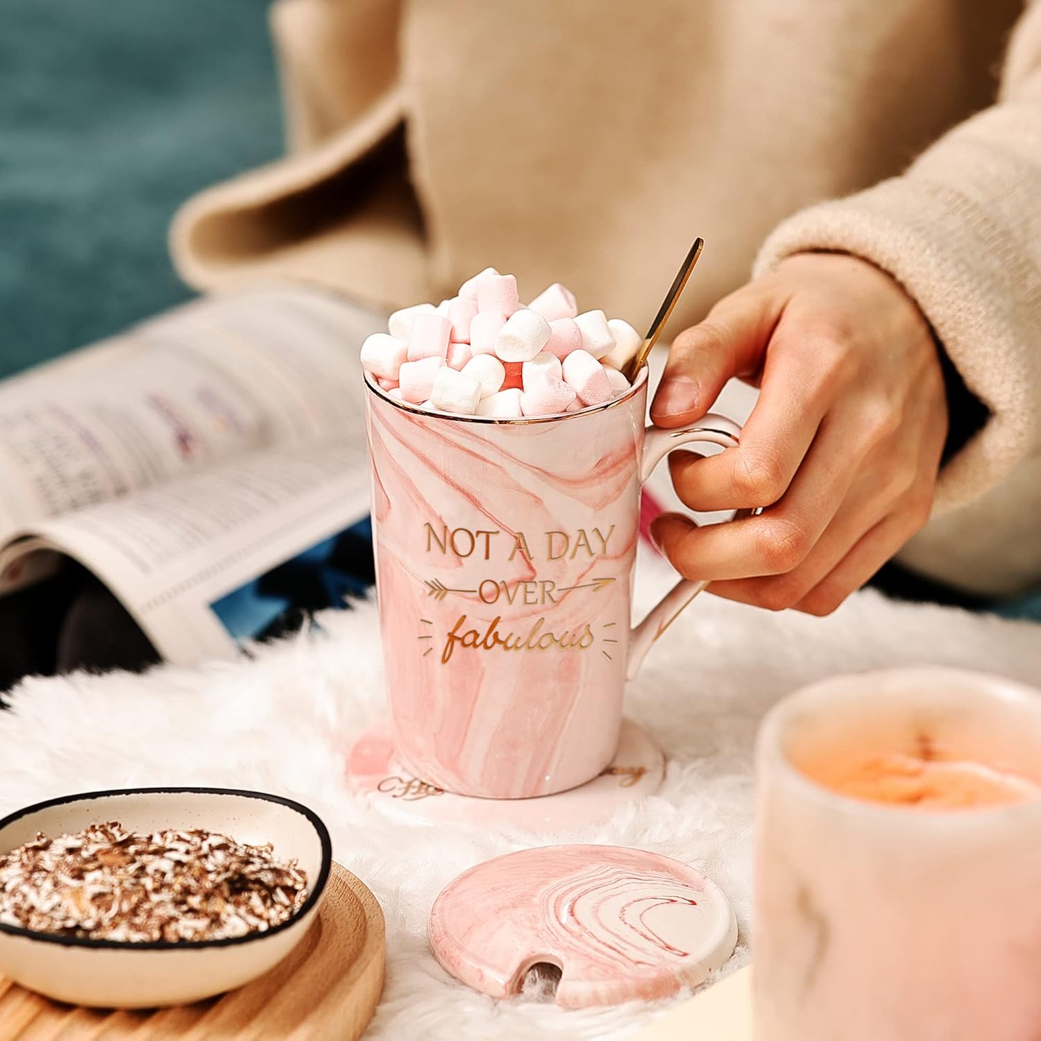 Not A Day Over Fabulous Mug,Birthday Gifts for Women,Ceramic Marble Coffee Mug Funny Pink Gift Set Ideas for Her Wife Mom Daughter Sister Aunt Friends Coworker,Mothers Day Gifts 14 oz (Pink) - Image 3