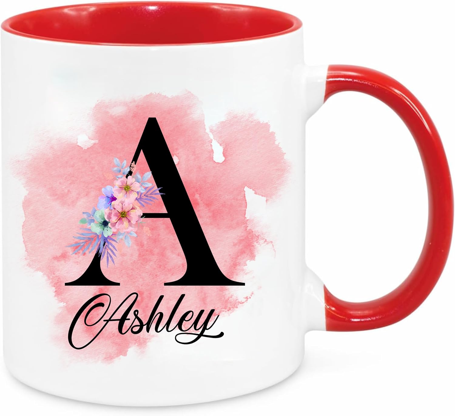 EKAM Personalised Mug, Coloured Inner and Handle Mug Stylish Initial with Name, Gift for Valentine’s, Birthday, Christmas Day for Mom, Dad, Kids, Friends or Girls, 11oz Coffee/Tea Cup (Red) - Image 2