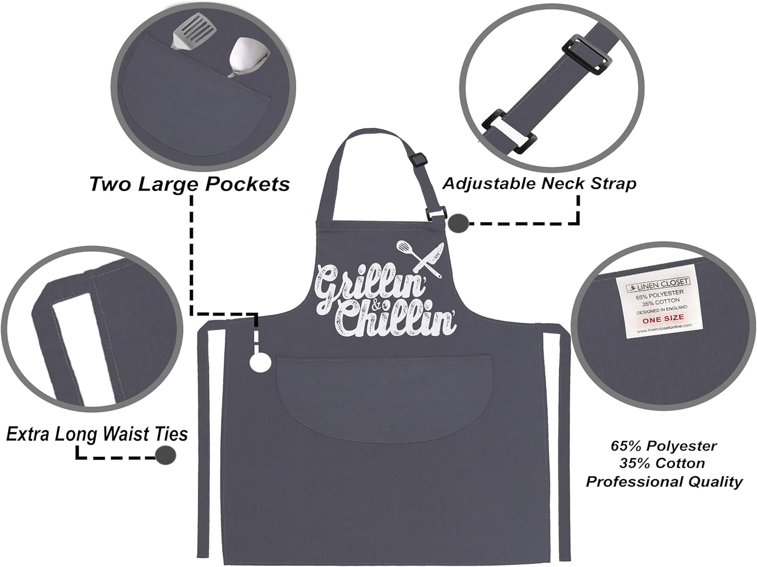 LINEN CLOSET® King of the Grill Apron for Men Funny Aprons Professional Bbq Aprons Kitchen Cooking Gift Apron with 2 Front Pockets Home Kitchen Garden Work Restaurant - Image 6