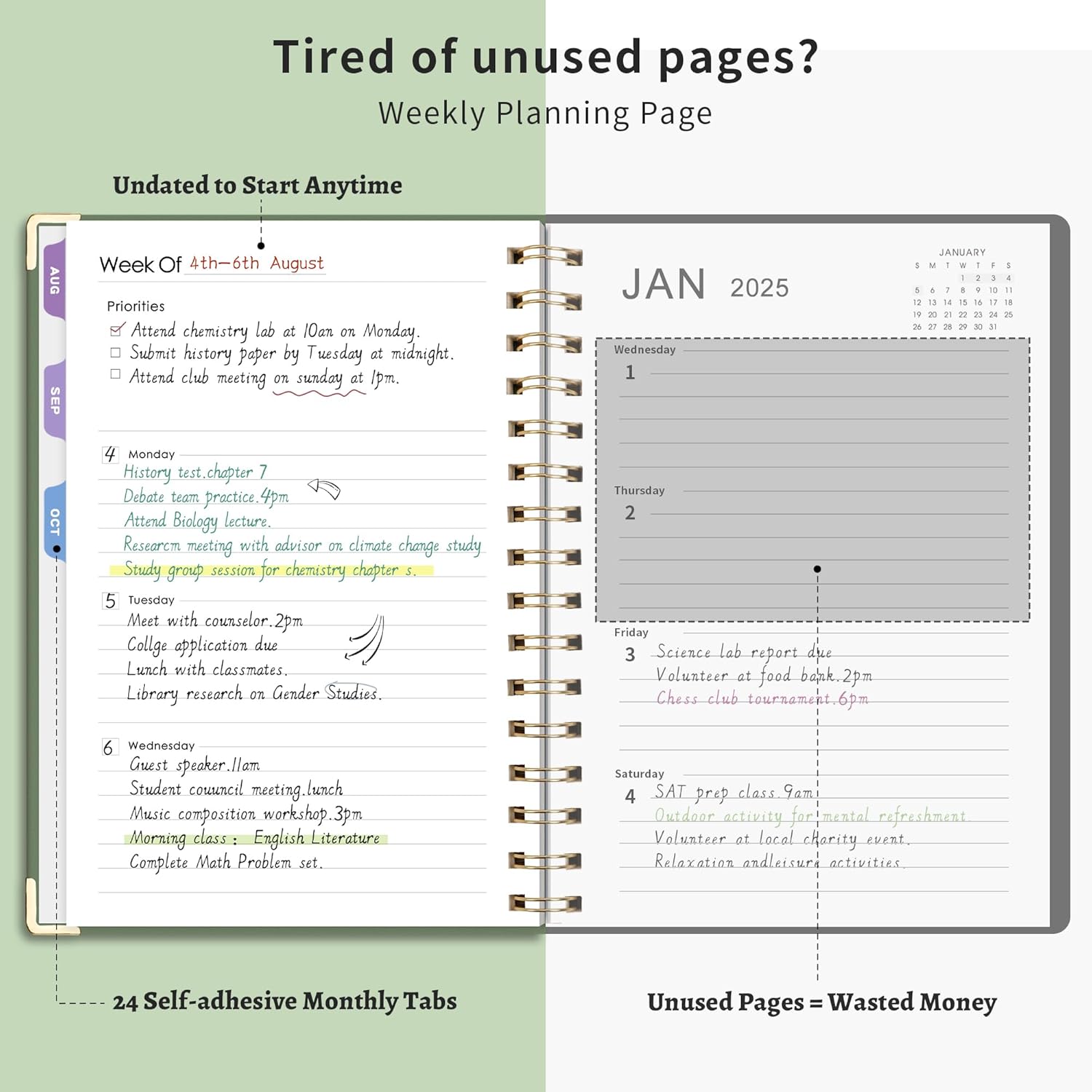 RETTACY Undated Planner - Diary Planner Notebook, Weekly and Monthly Journals for Women,53 Weeks & Daily Planning with 24 Self-Adhesive Tabs, Hardcover,100GSM Paper, 14.5x21cm - Light Green - Image 2