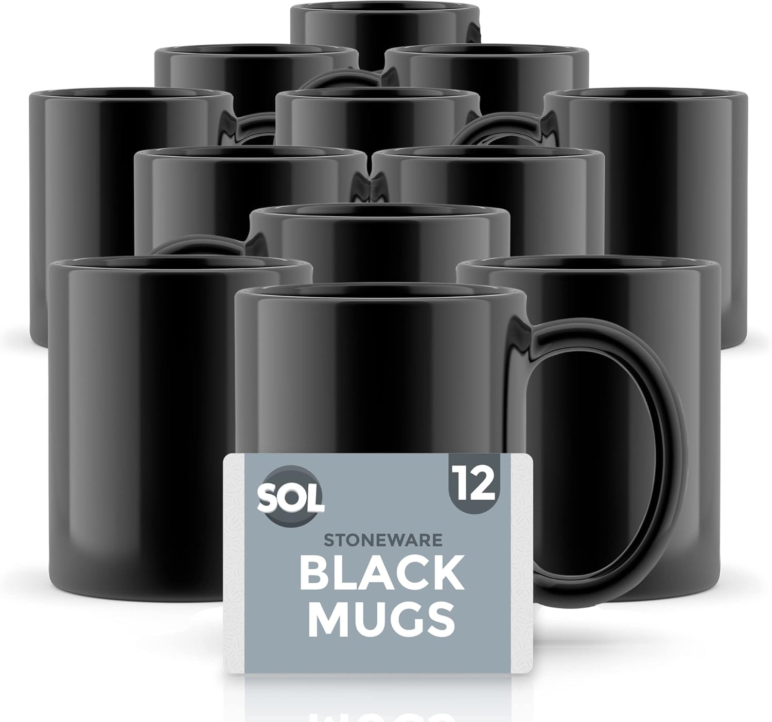 SOL 12pk Stoneware Black Mugs 11oz Ceramic Cups for Tea and Coffee Durable Drinkware Set for Home Office Café Restaurant Stackable Design Microwave and Dishwasher Safe Suitable for Hot Beverages - Image 8