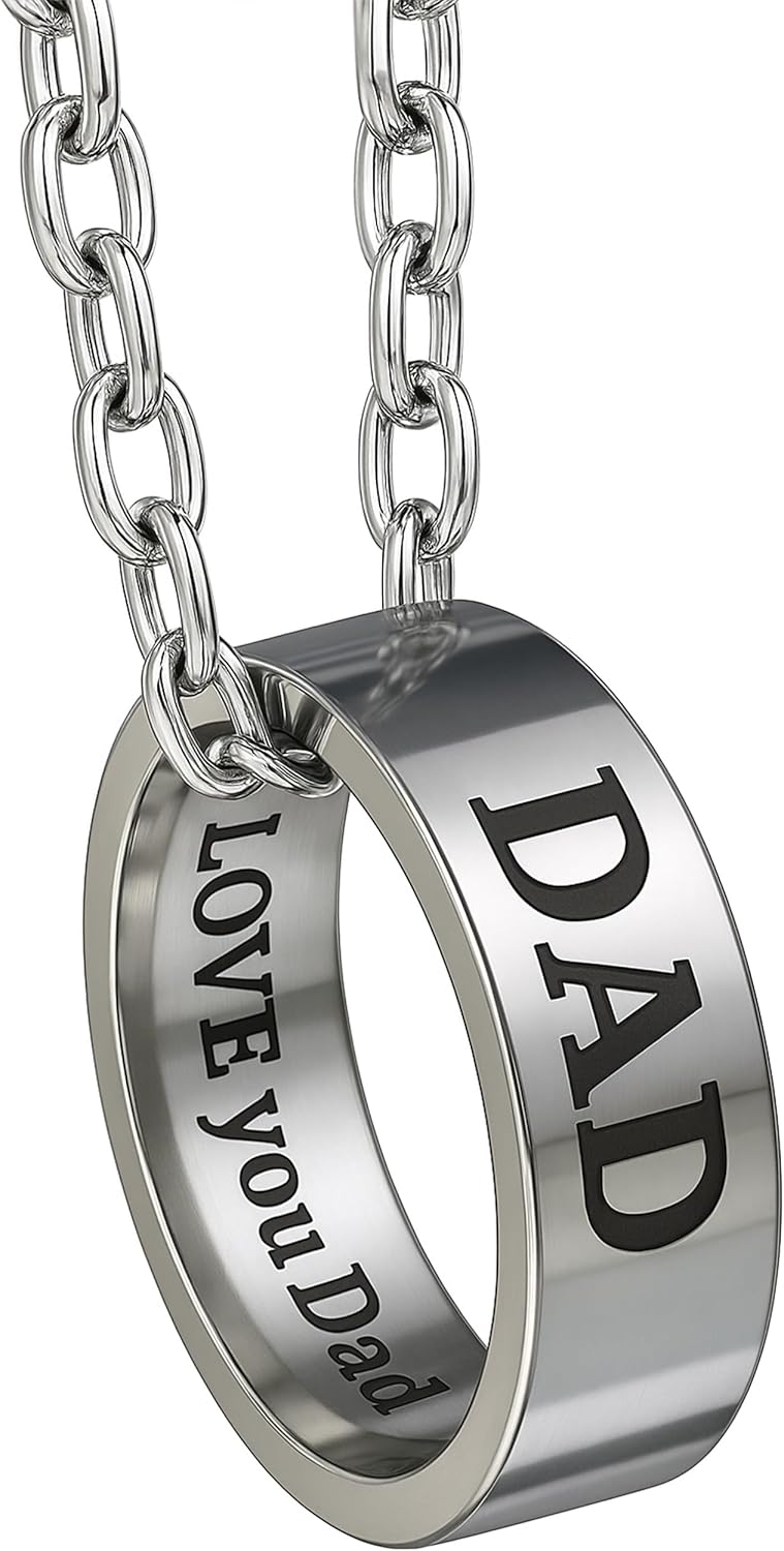Sentimental Gifts For Dad Ring Engraved Stainless Steel with Necklace Chain | Christmas Presents for Dad Gifts from Daughter or Son | Christmas Presents for Dads Daddy Gift for Fathers Day