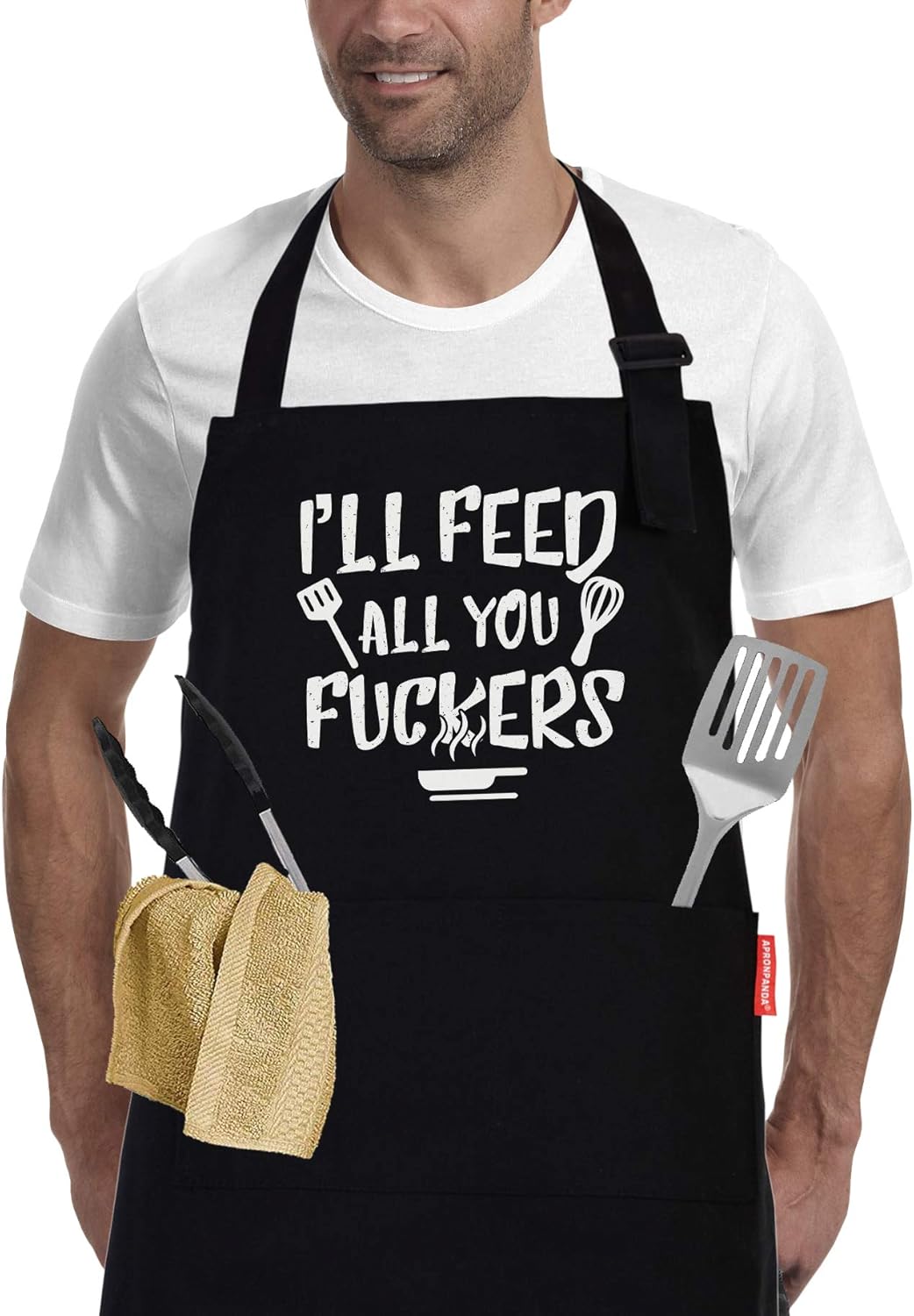 I'll Feed All You - Funny Black BBQ Chef Aprons for Men Women with 2 Pockets - Gifts for Men, Birthday Gifts for Husband, Son, Boyfriend- Kitchen Cooking Grilling Apron