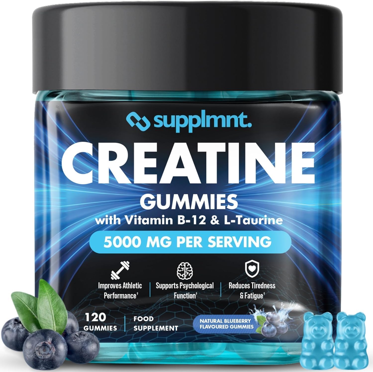 Creatine Gummies 5000mg Lab-Tested 120ct Max Strength Muscle Growth/Recovery Supplements for Men & Women Creatine Monohydrate B12 & L-Taurine Vegan Gym Pre Workout Gummies, (Blueberry)