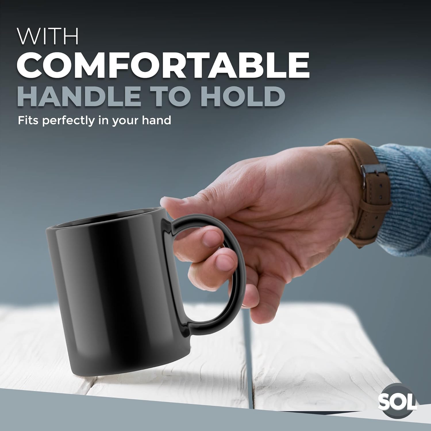 SOL 12pk Stoneware Black Mugs 11oz Ceramic Cups for Tea and Coffee Durable Drinkware Set for Home Office Café Restaurant Stackable Design Microwave and Dishwasher Safe Suitable for Hot Beverages - Image 3