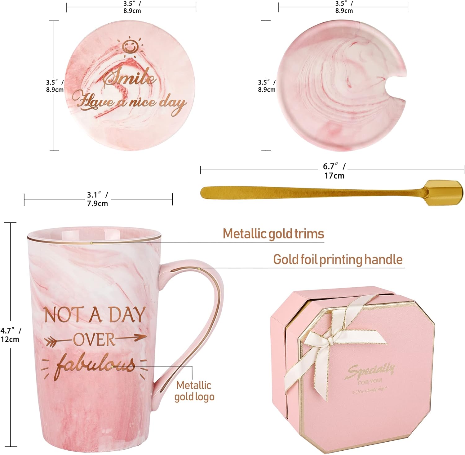 Not A Day Over Fabulous Mug,Birthday Gifts for Women,Ceramic Marble Coffee Mug Funny Pink Gift Set Ideas for Her Wife Mom Daughter Sister Aunt Friends Coworker,Mothers Day Gifts 14 oz (Pink) - Image 6