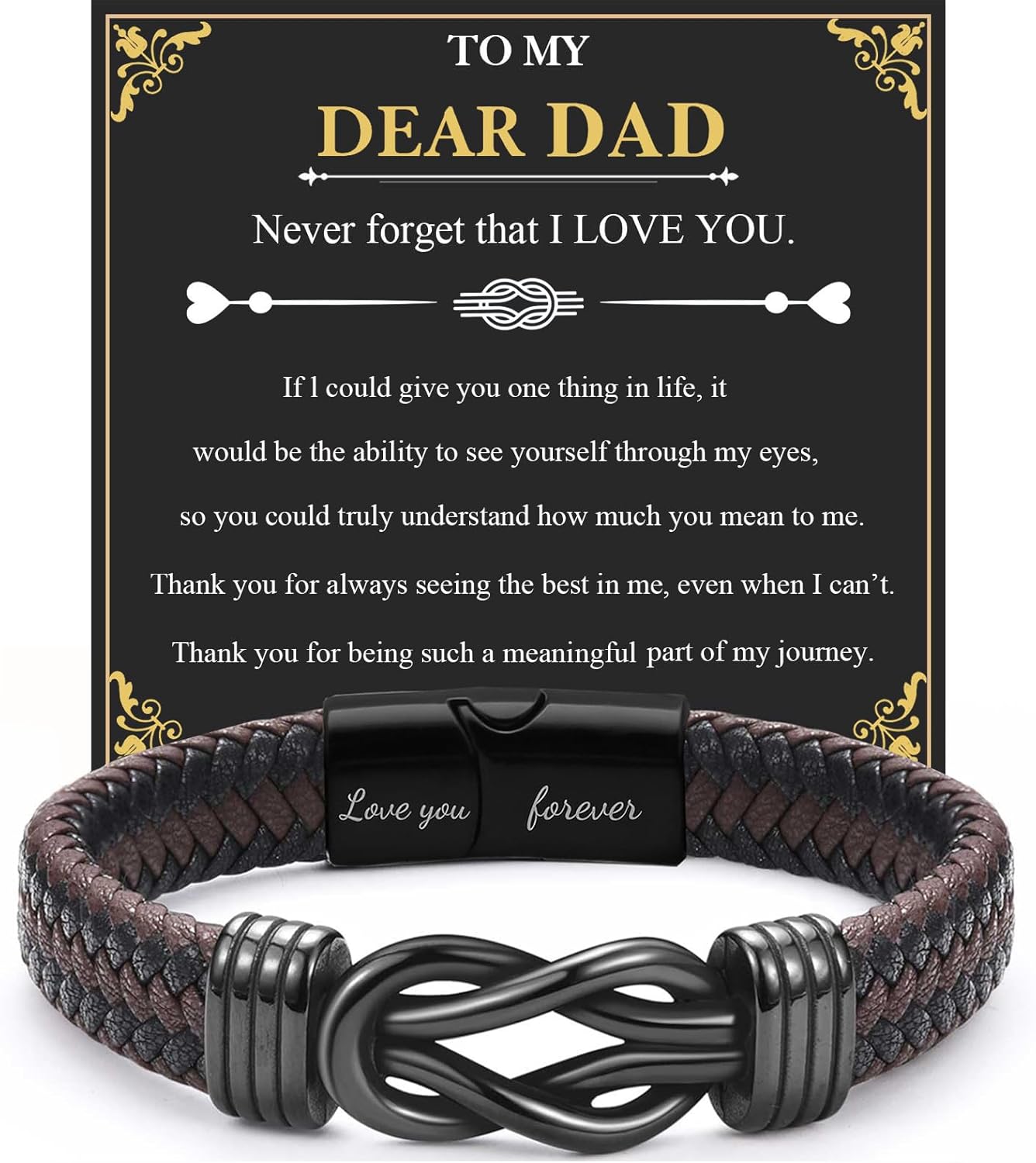Gifts for Dad, Engraved Leather Bracelet with "Love You Forever" from Daughter & Son - Perfect Fathers Day, Birthday, Valentines Day & Christmas Gifts for Stepdad, Grandad | Mens Stocking Fillers