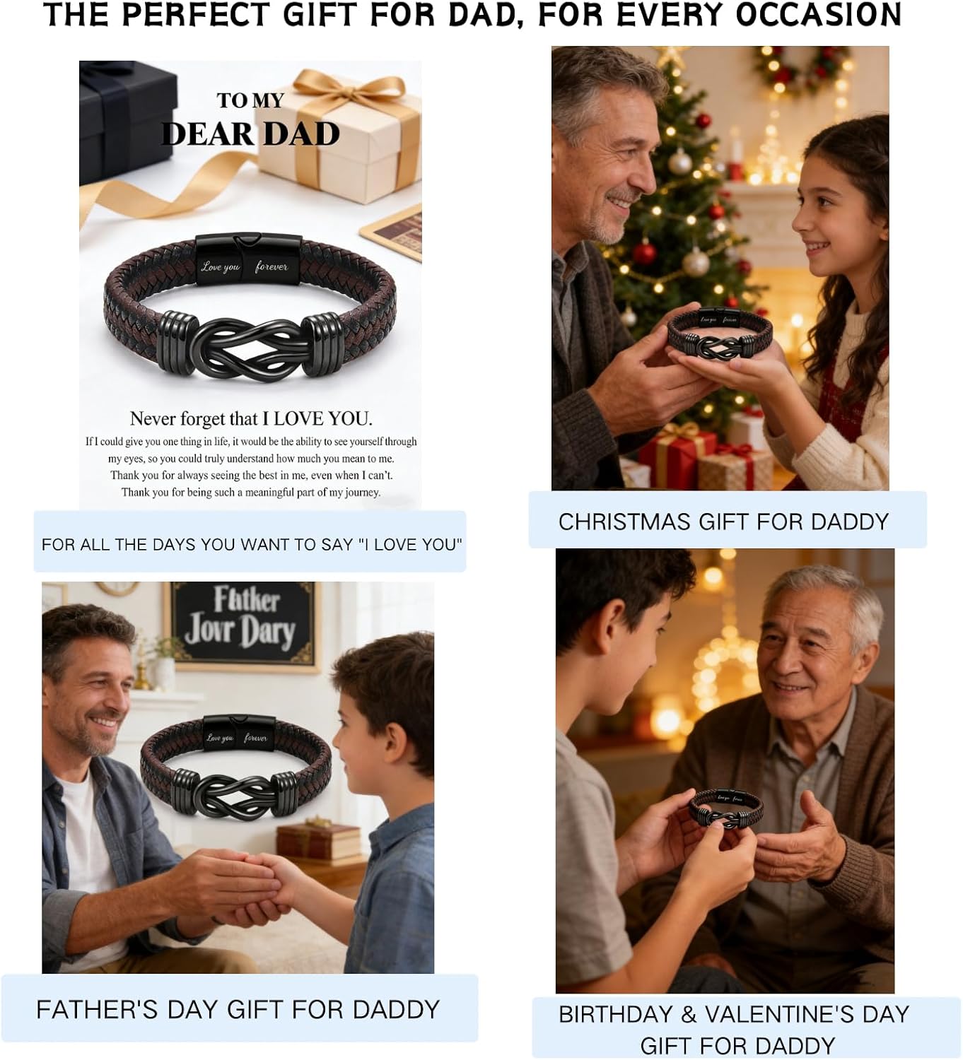 Gifts for Dad, Engraved Leather Bracelet with "Love You Forever" from Daughter & Son - Perfect Fathers Day, Birthday, Valentines Day & Christmas Gifts for Stepdad, Grandad | Mens Stocking Fillers - Image 3