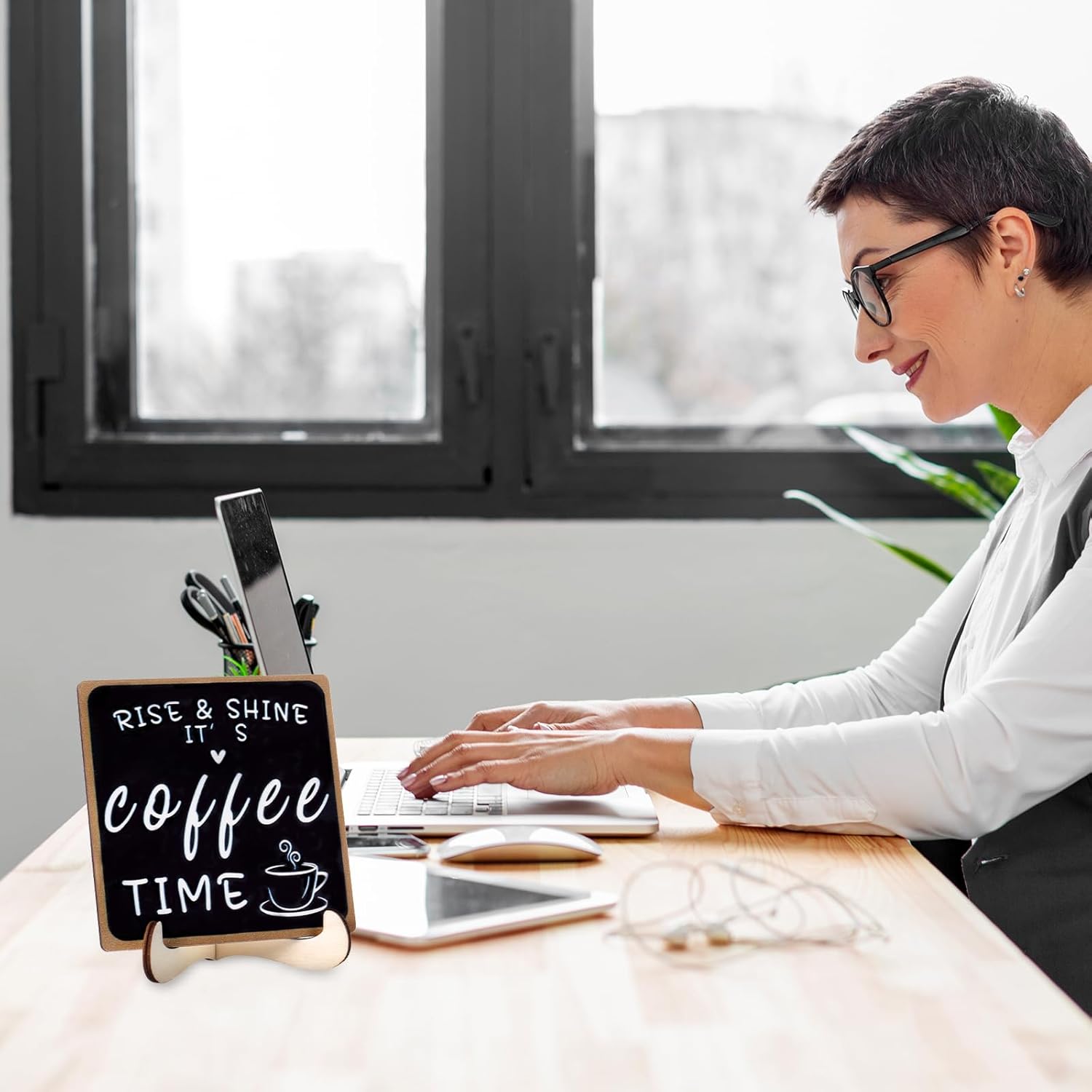 Funny Coffee Sign Wooden Desk Decorations Rise & Shine It's Coffee TimeBar Tabletop Shelf Plaque Accessories with Iron Stand for Women Men Home Farmhouse Kitchen Office - Image 4