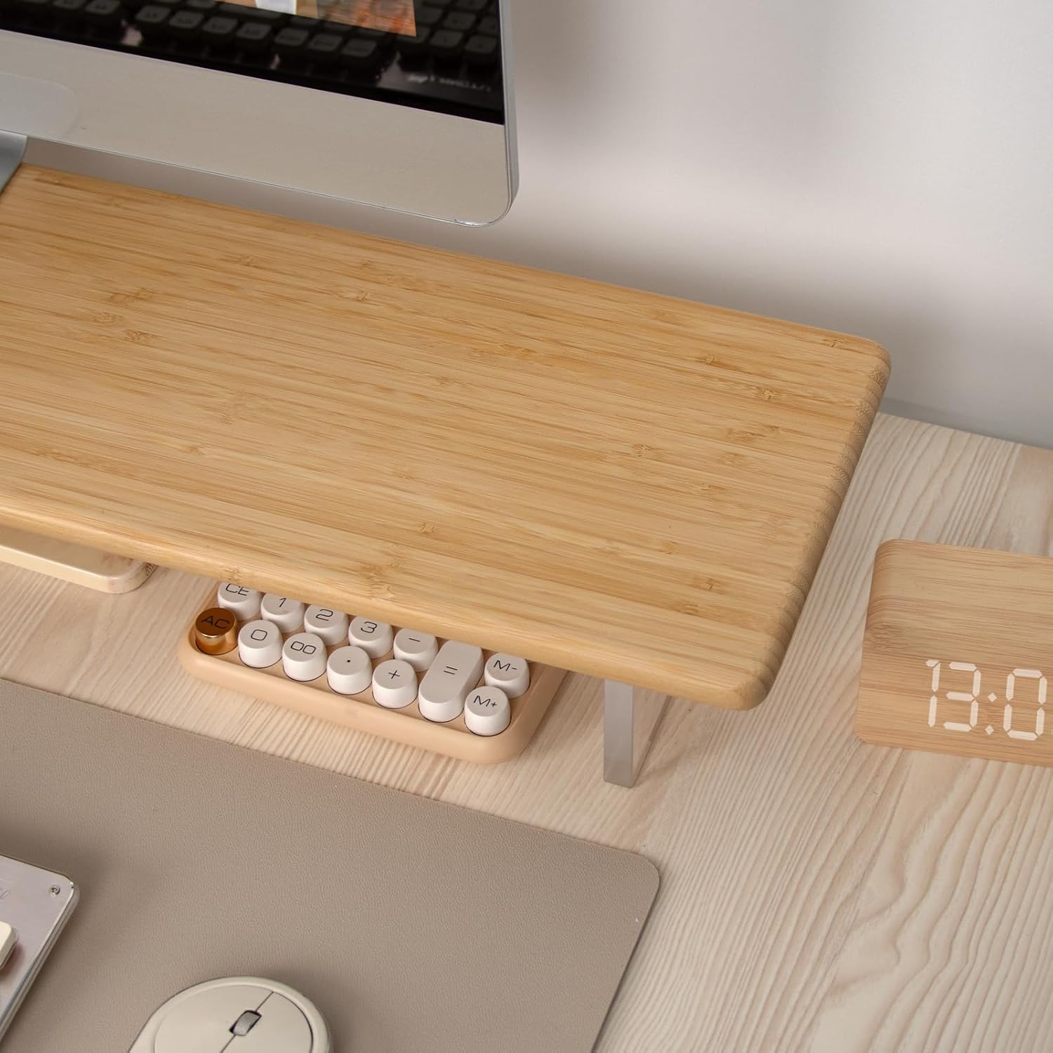 Bamboo Monitor Stand Riser with Acrylic Legs for Desk, 31.5 Inches Desktop Shelf Supports for PC Computer Monitor, Laptops, Printer, Speakers (Natural) - Image 6