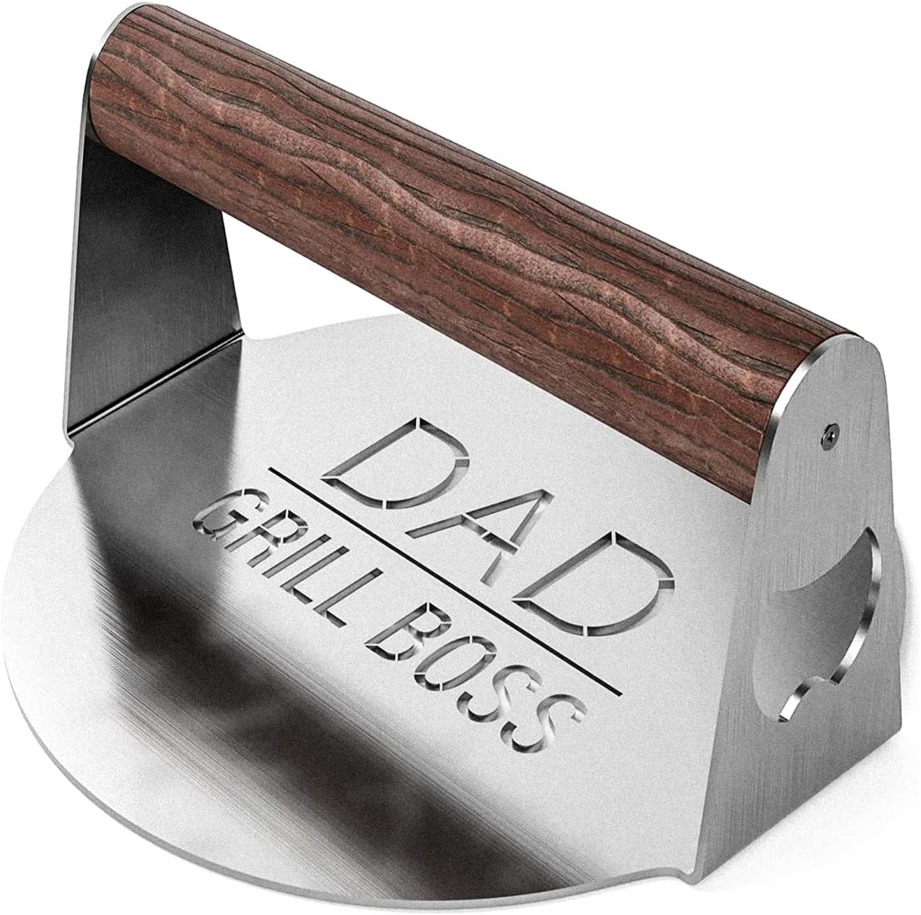 Soho Grilling Gift for Dad, Round BBQ Stainless Steel Burger Press for Smash Burger or Hamburger, BBQ Accessories Grill Press with Wood Handle for Christmas/Birthday “Dad Grill Boss” (Gift Boxed)