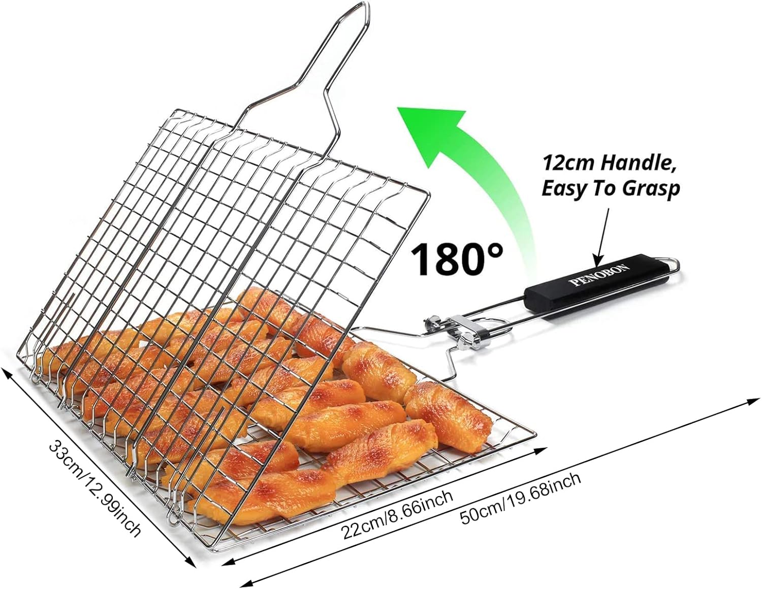 Fish Grilling Basket, Folding Portable Stainless Steel BBQ Grill Basket for Fish Vegetables Shrimp with Removable Handle, Come with Basting Brush and Storage Bag - Image 3