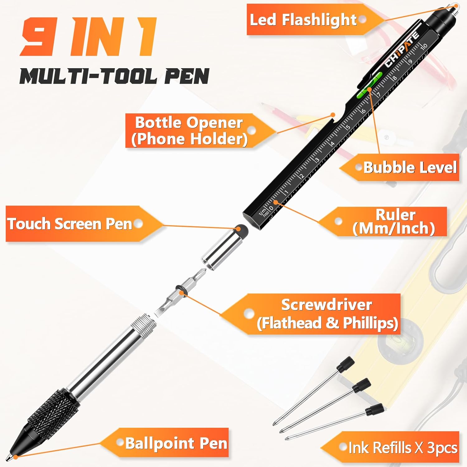 Valentines Gifts for Him, Gifts for Men, 9 in 1 Multi Tool Pen, Birthday Gift Gadgets for Men/Dad, Father's Day Gift - Image 3
