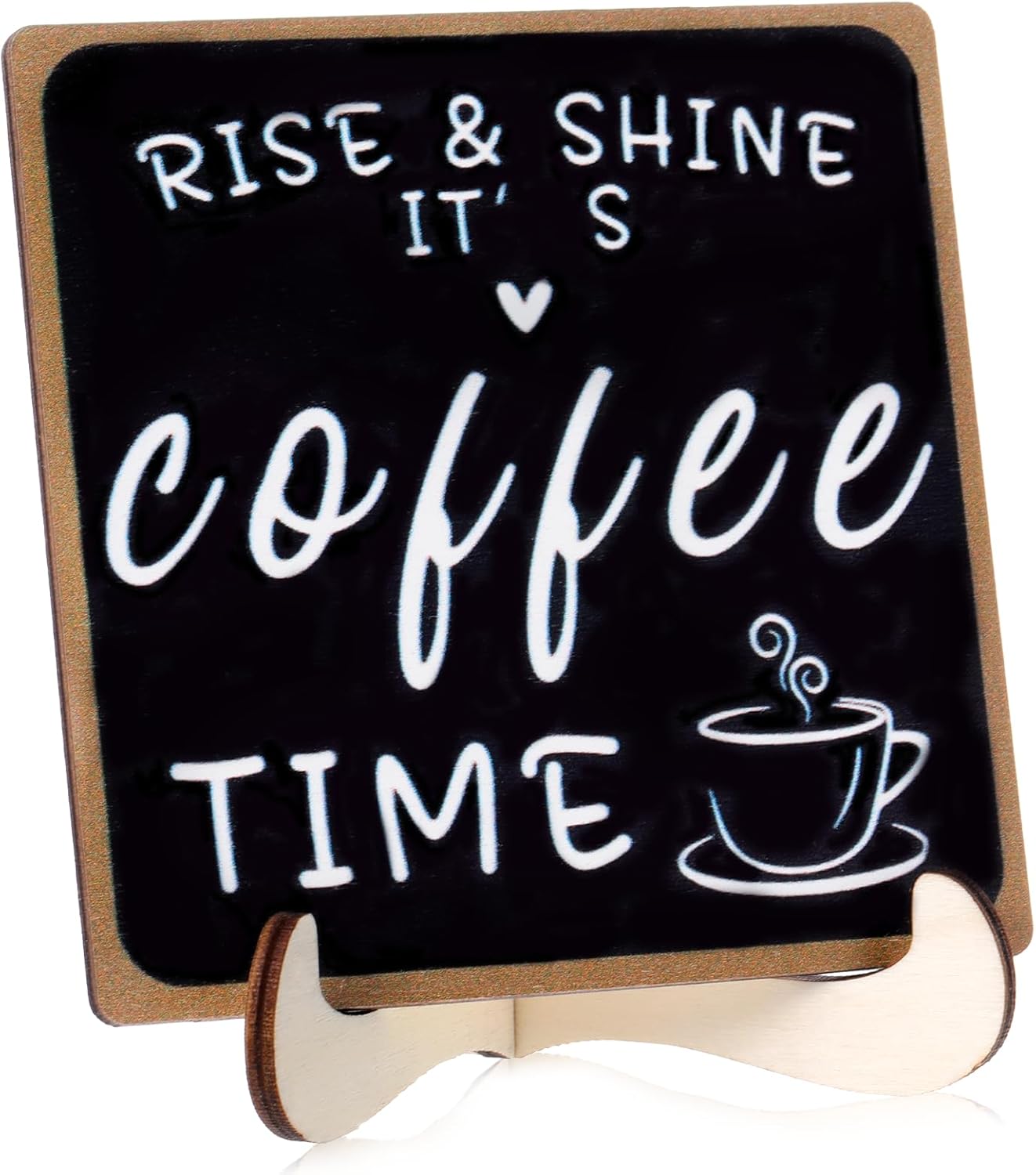 Funny Coffee Sign Wooden Desk Decorations Rise & Shine It's Coffee TimeBar Tabletop Shelf Plaque Accessories with Iron Stand for Women Men Home Farmhouse Kitchen Office