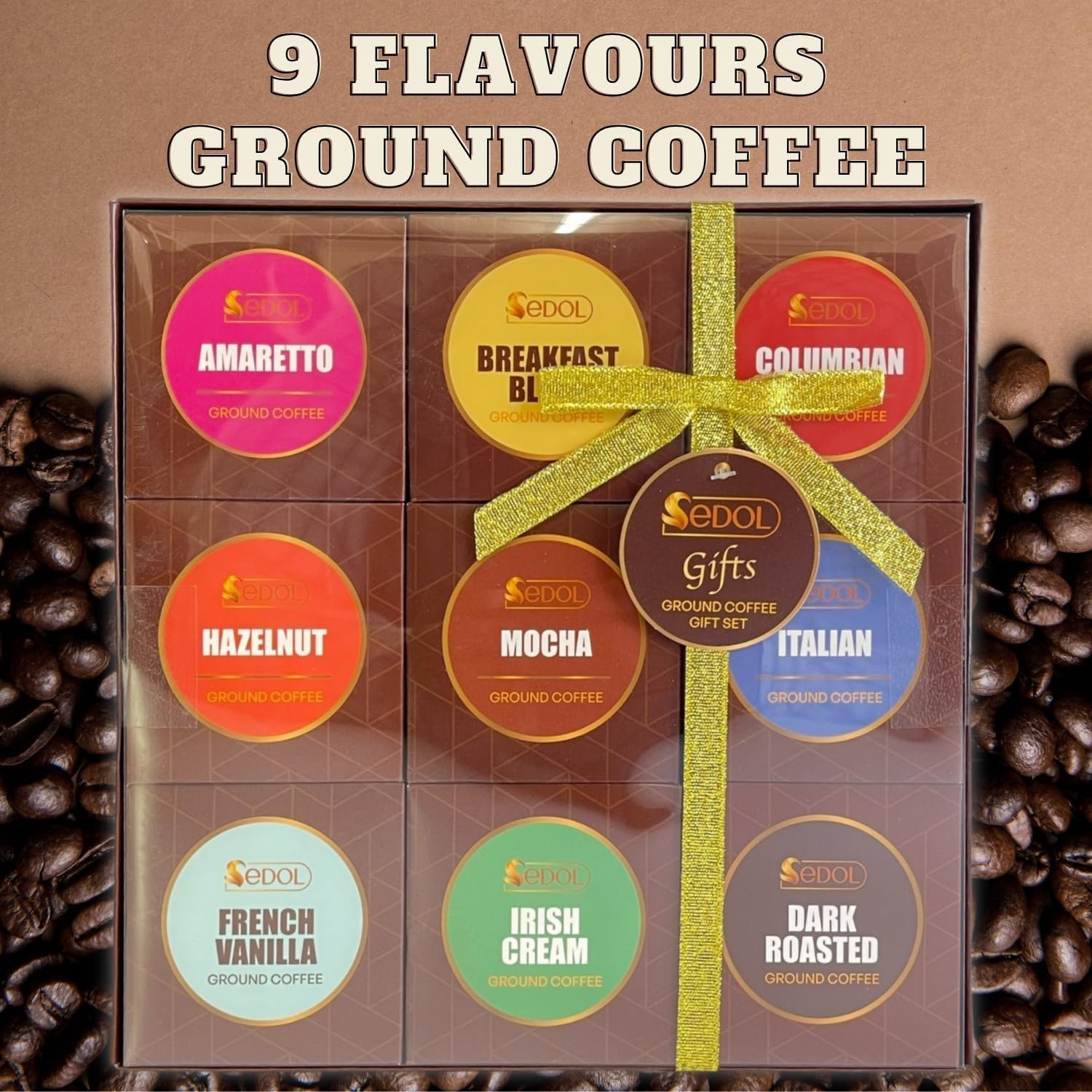 Ground Coffee Gift Set Christmas Hamper – 9 Flavour Gourmet Selection Box for Coffee Lovers with Colombian Amaretto Hazelnut Vanilla Mocha Irish Cream Dark Roast – Festive Gift for Men Women Friends - Image 7