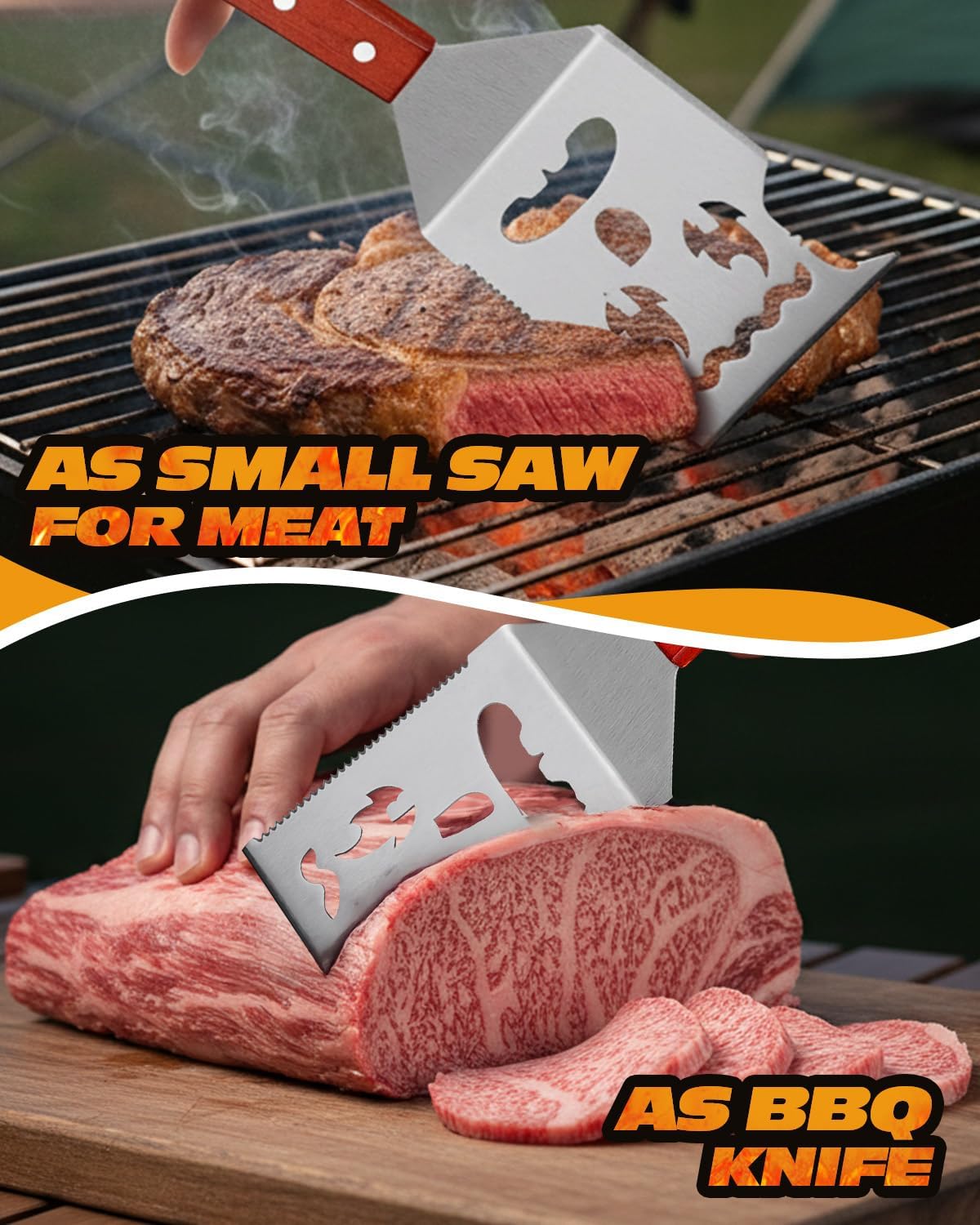 BBQ Tool 8 in 1, Multifunction BBQ Spatula, Stainless Steel, Wooden Handle, Easy to Clean, Barbecue Accessories, Gifts for Men, Dad Gifts - Image 4