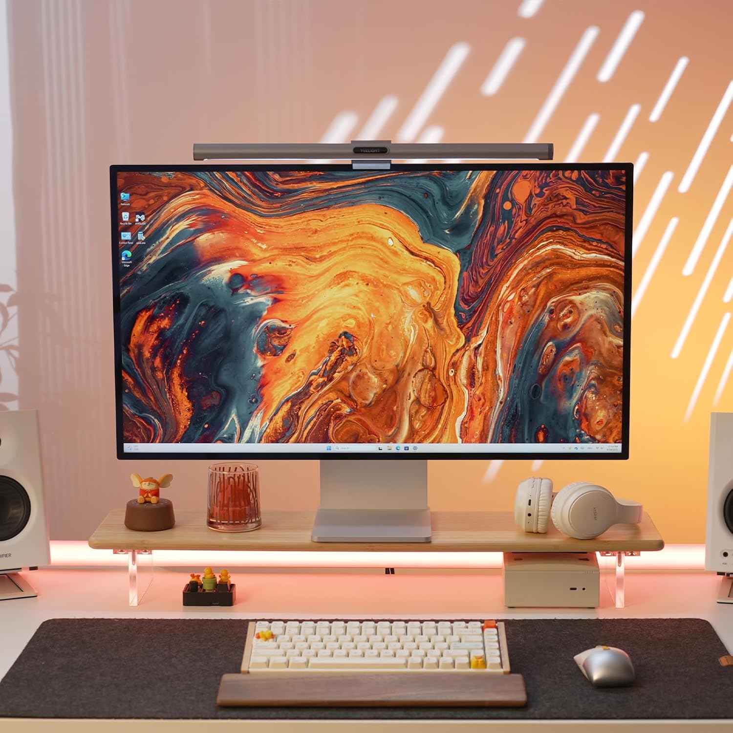 Bamboo Monitor Stand Riser with Acrylic Legs for Desk, 31.5 Inches Desktop Shelf Supports for PC Computer Monitor, Laptops, Printer, Speakers (Natural) - Image 2