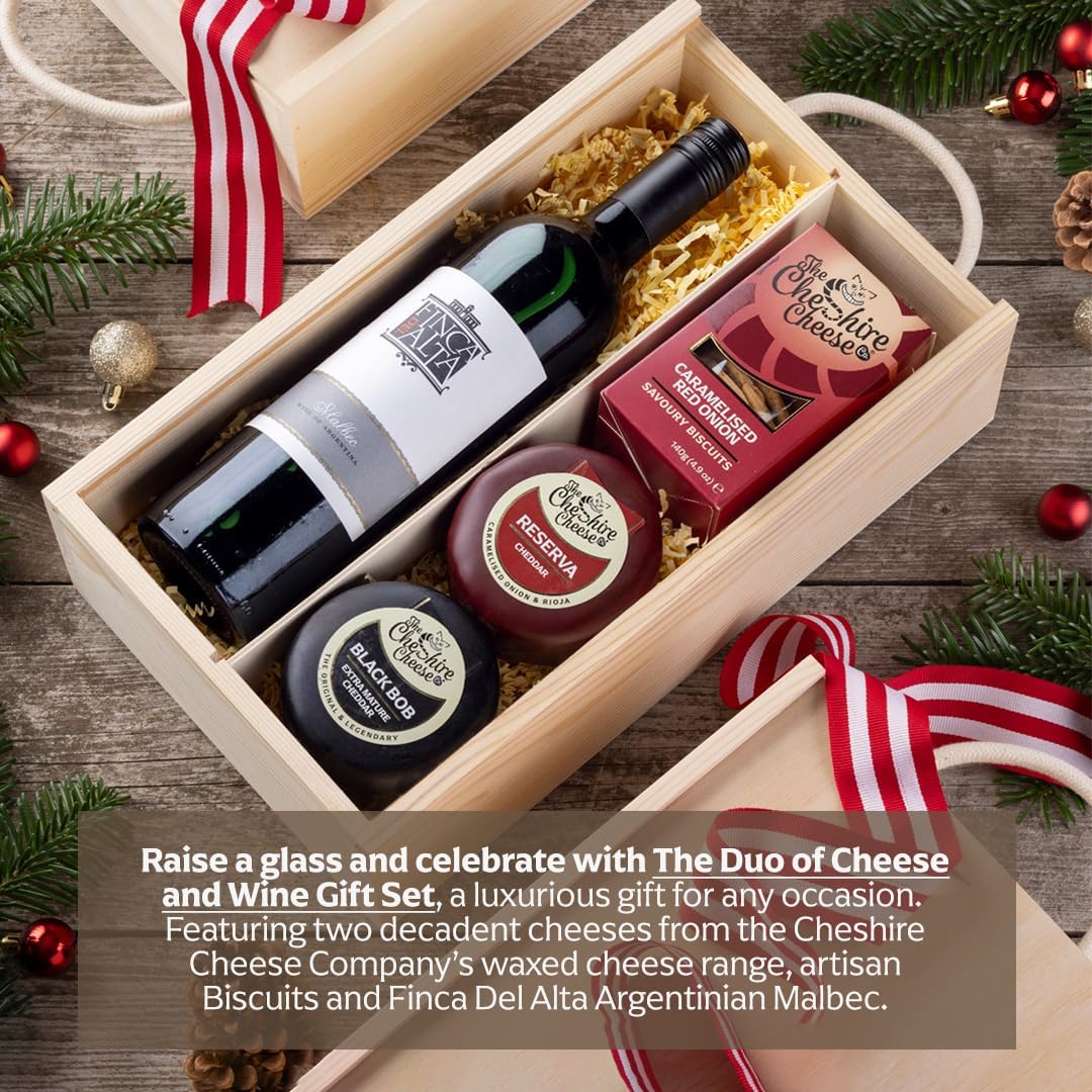 Cheshire Cheese Company | Duo of Cheese and Wine Gift Set – The Perfect Night In | Award Winning 2 Cheeses, 1 Biscuits & Red Wine Gift Set in Presentation Box | Luxury Food Hamper for Birthdays & more - Image 5
