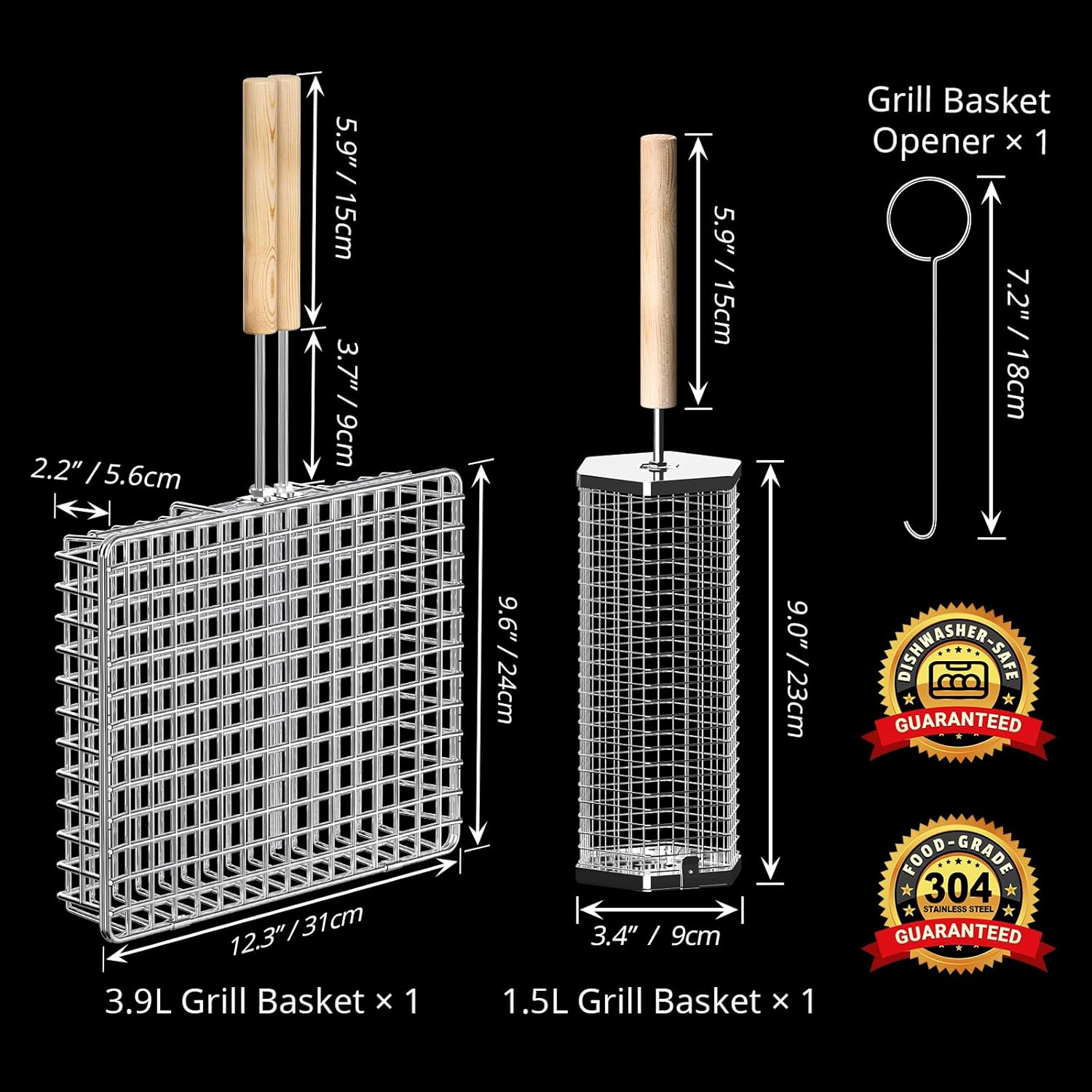 Grill Basket Set (Rectangular+Hexagon), Removable Wooden Handle, 304 Stainless Steel, Rolling Grilling Net, BBQ Accessories Tools for Vegetables Shrimp, Outdoor Cooking Camping, Birthday Gifts - Image 2