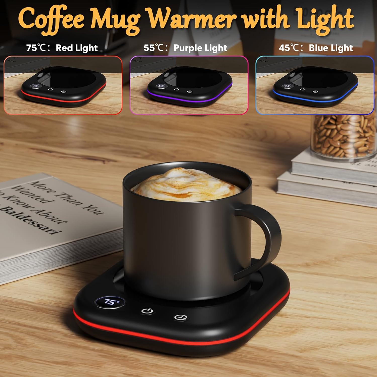 Coffee Mug Warmer,Coffee Cup Warmer for Desk with lighting,Smart Cup Warmer with 3 Temperature Control(45-75℃),Candle Warmer,1-12H Auto Shut Off for Coffee, Tea, Milk(Black) - Image 5