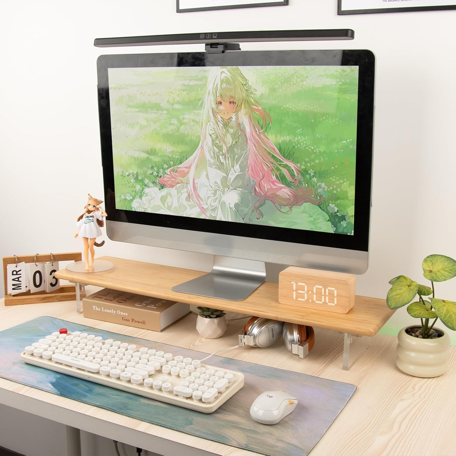 Bamboo Monitor Stand Riser with Acrylic Legs for Desk, 31.5 Inches Desktop Shelf Supports for PC Computer Monitor, Laptops, Printer, Speakers (Natural) - Image 8