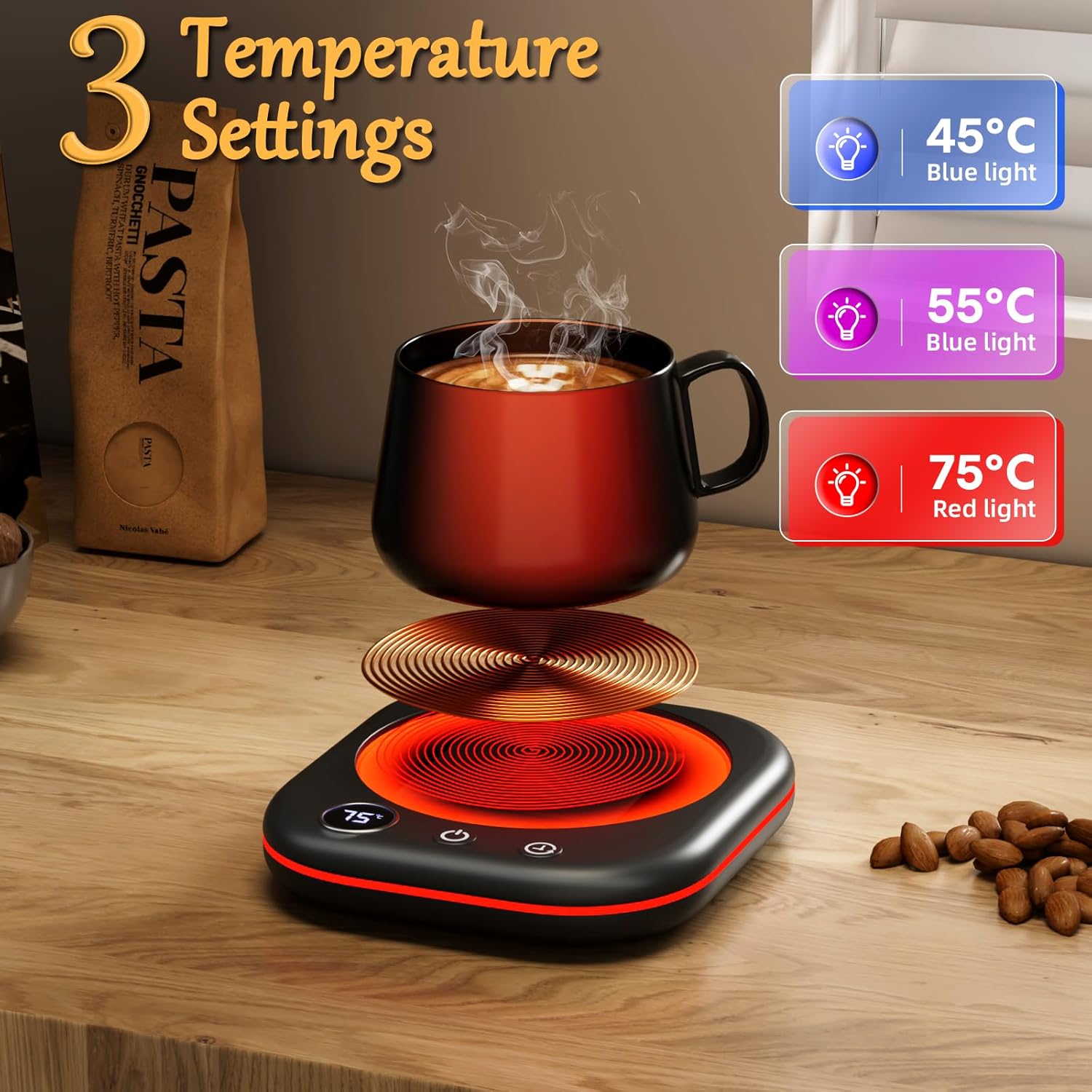 Coffee Mug Warmer,Coffee Cup Warmer for Desk with lighting,Smart Cup Warmer with 3 Temperature Control(45-75℃),Candle Warmer,1-12H Auto Shut Off for Coffee, Tea, Milk(Black) - Image 3