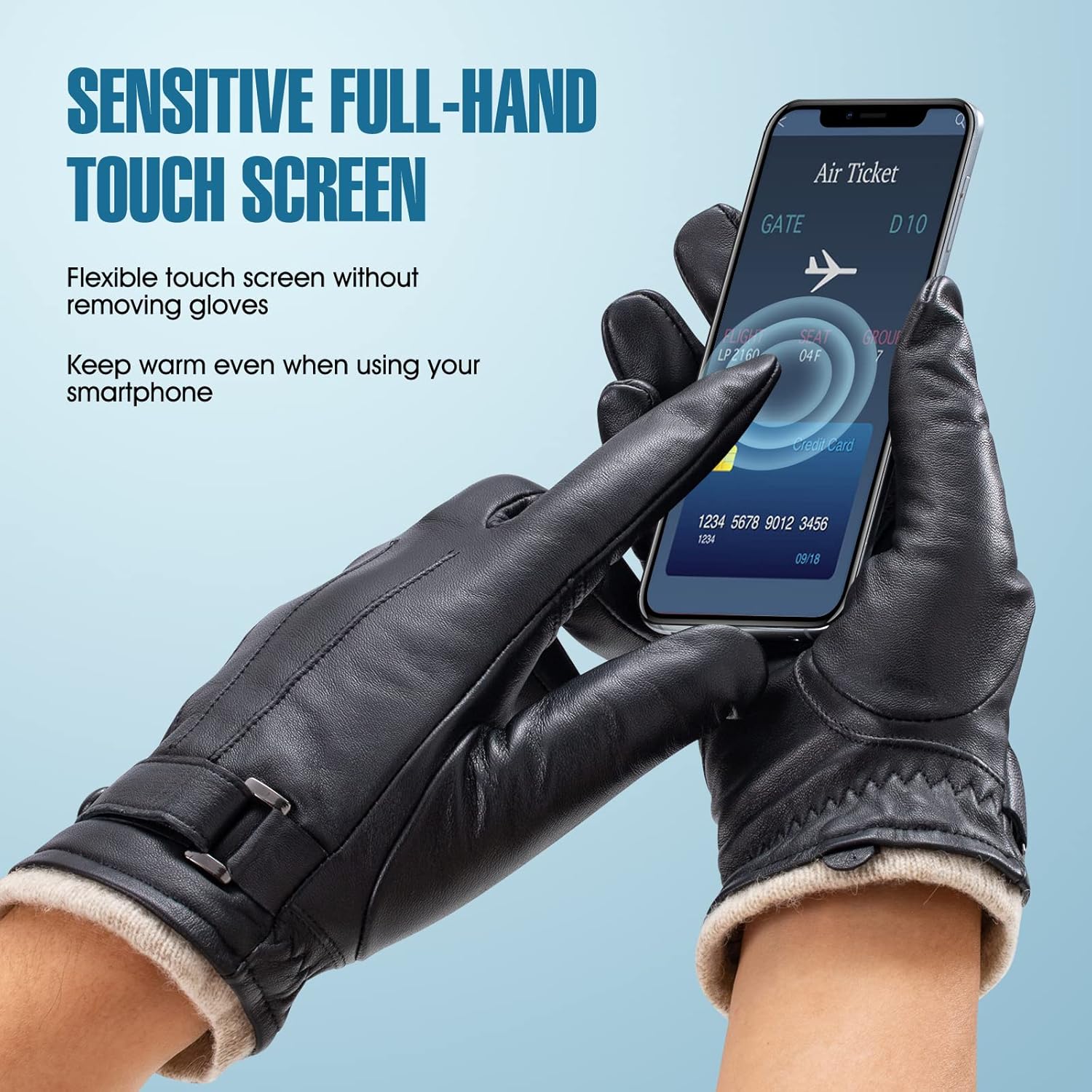 Winter Sheepskin Leather Gloves For Men, Thermal Cashmere Lining Touchscreen Texting Typing Dress Driving Motorcycle Gloves - Image 5
