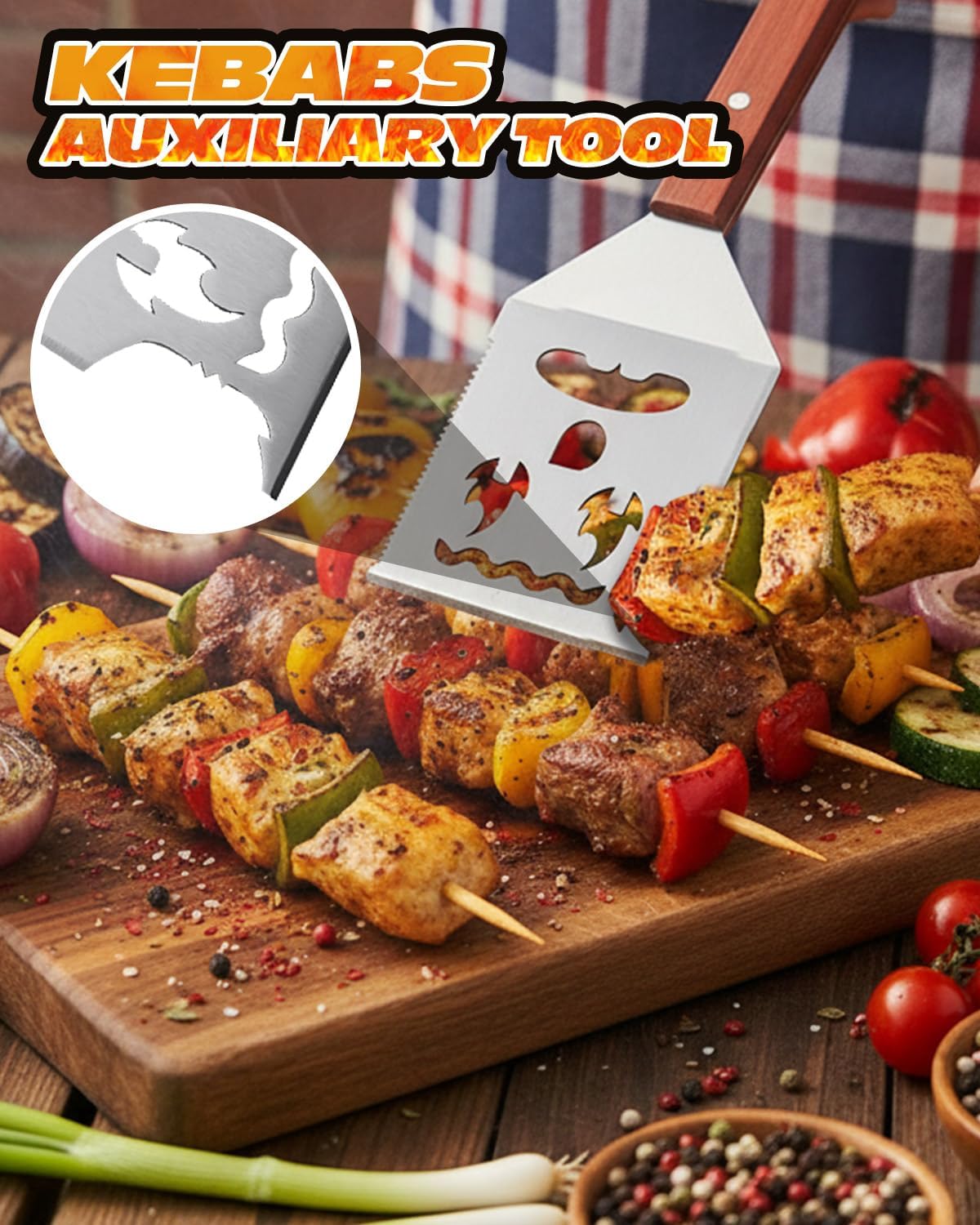 BBQ Tool 8 in 1, Multifunction BBQ Spatula, Stainless Steel, Wooden Handle, Easy to Clean, Barbecue Accessories, Gifts for Men, Dad Gifts - Image 2