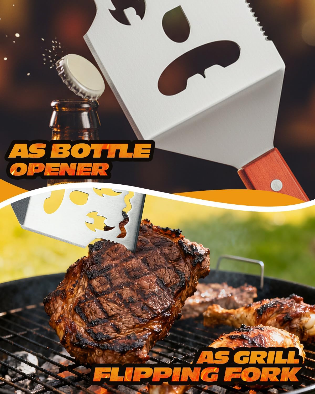 BBQ Tool 8 in 1, Multifunction BBQ Spatula, Stainless Steel, Wooden Handle, Easy to Clean, Barbecue Accessories, Gifts for Men, Dad Gifts - Image 5