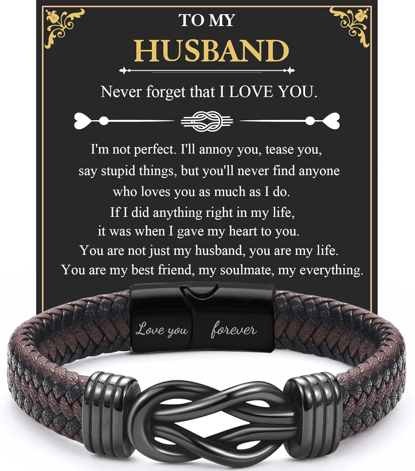 To My Husband Bracelet, Infinity Knot Braided Leather Wristband Engraved Love You Forever | Perfect Anniversary, Valentine's Day, Birthday Gift for Husband from Wife