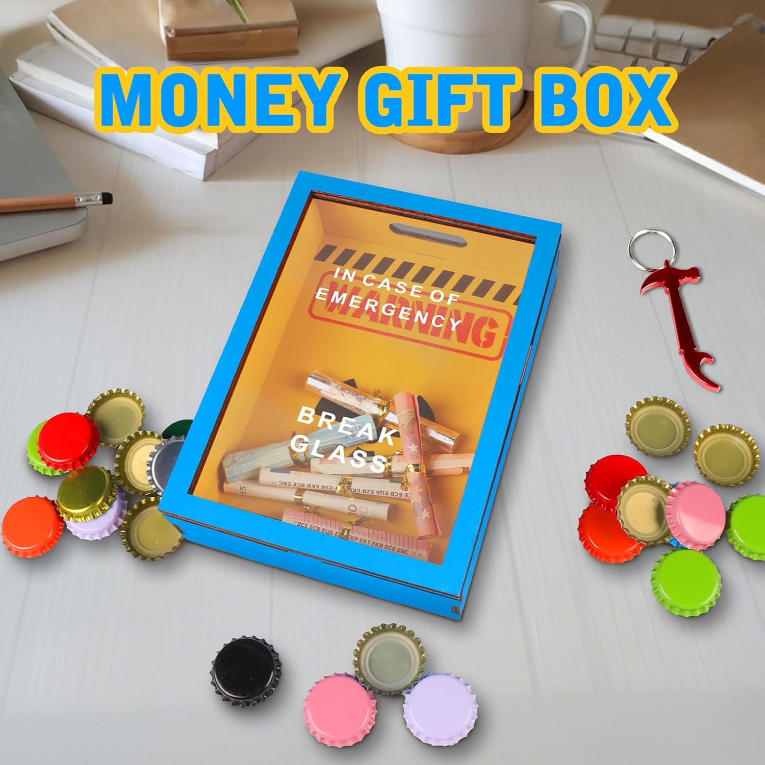 Funny Gifts for Dad Men - Beer Bottle Opener with Cap Collector - Birthday Gifts for Men - in Case of Emergency Break Glass - with Hammer - Desk Decor - Image 4