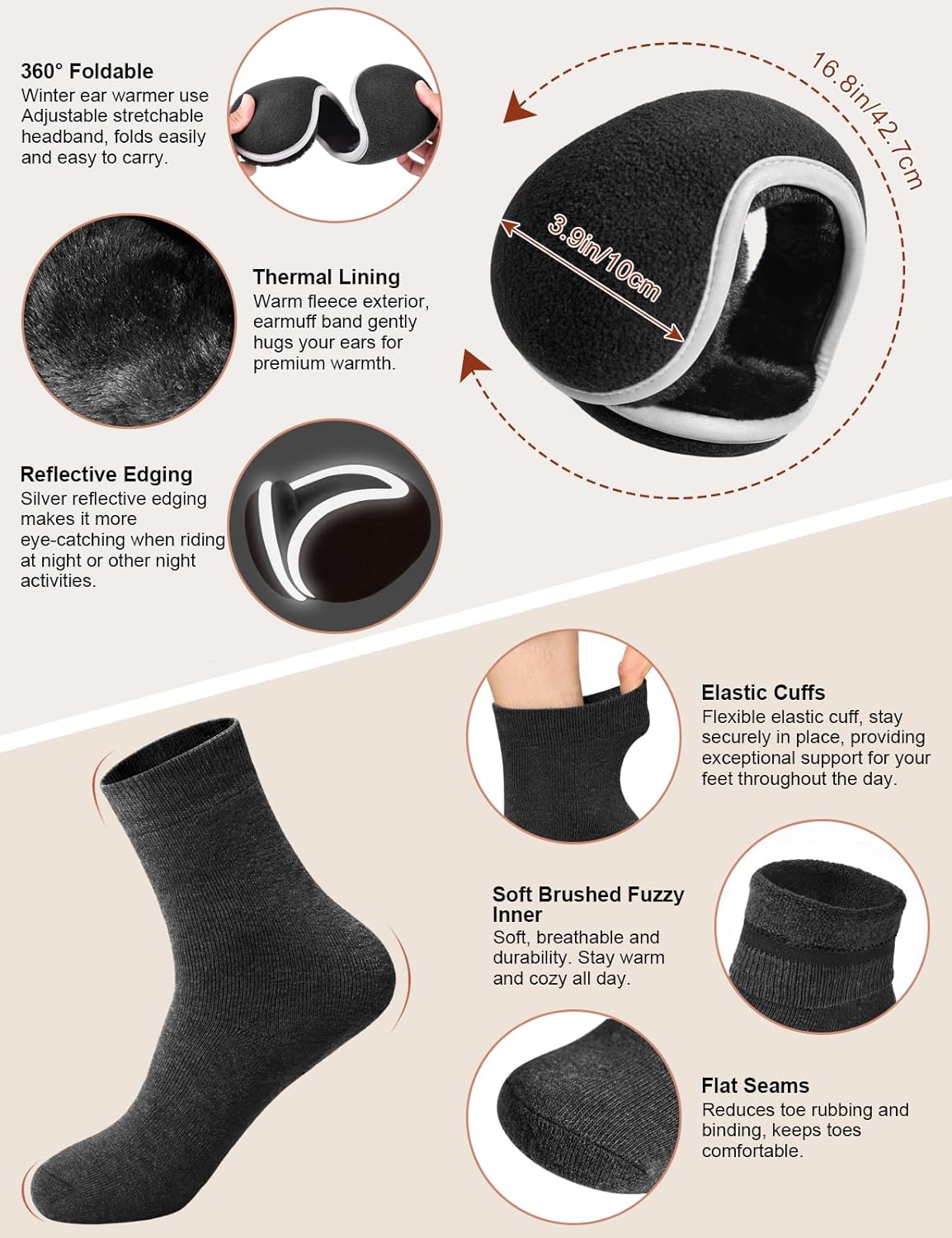 heekpek Mens Hat Scarf Glovers Set Unisex 5PCS Winter Set in Gift Box Fleece Lining Knitted Beanie Hat Earmuffs Neck Warmer Knit Gloves Thermal Socks Gift Set for Skiing Hiking Driving - Image 6