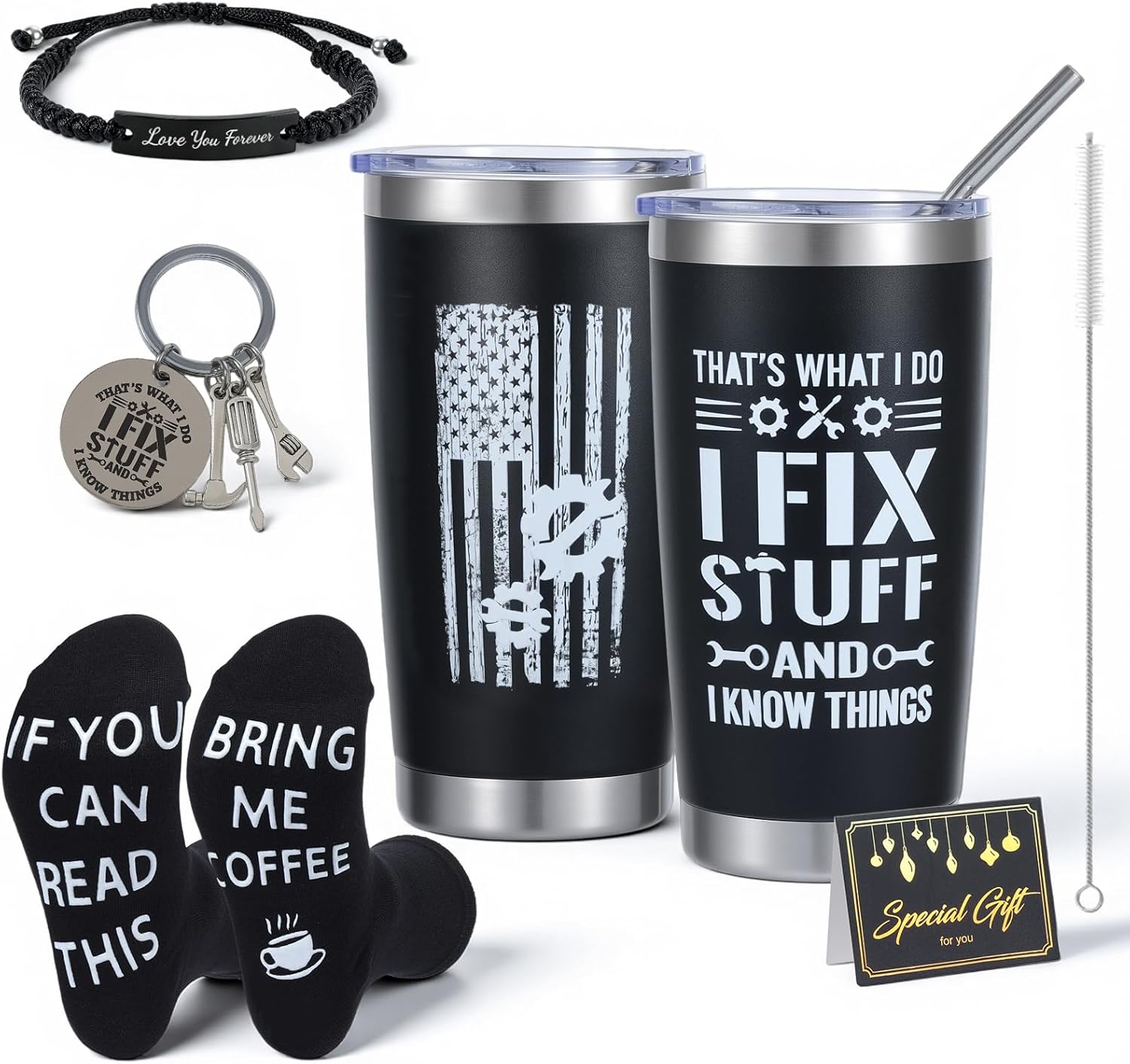 Birthday Gifts for Men - Unique Valentine's Day/Father's Day Present for Dad, 5Piece Men's Gift Set with 20oz Tumbler, Keychain, Bracelet, Socks & Card, Boyfriend & Grandad, Fun Gift Idea for Him