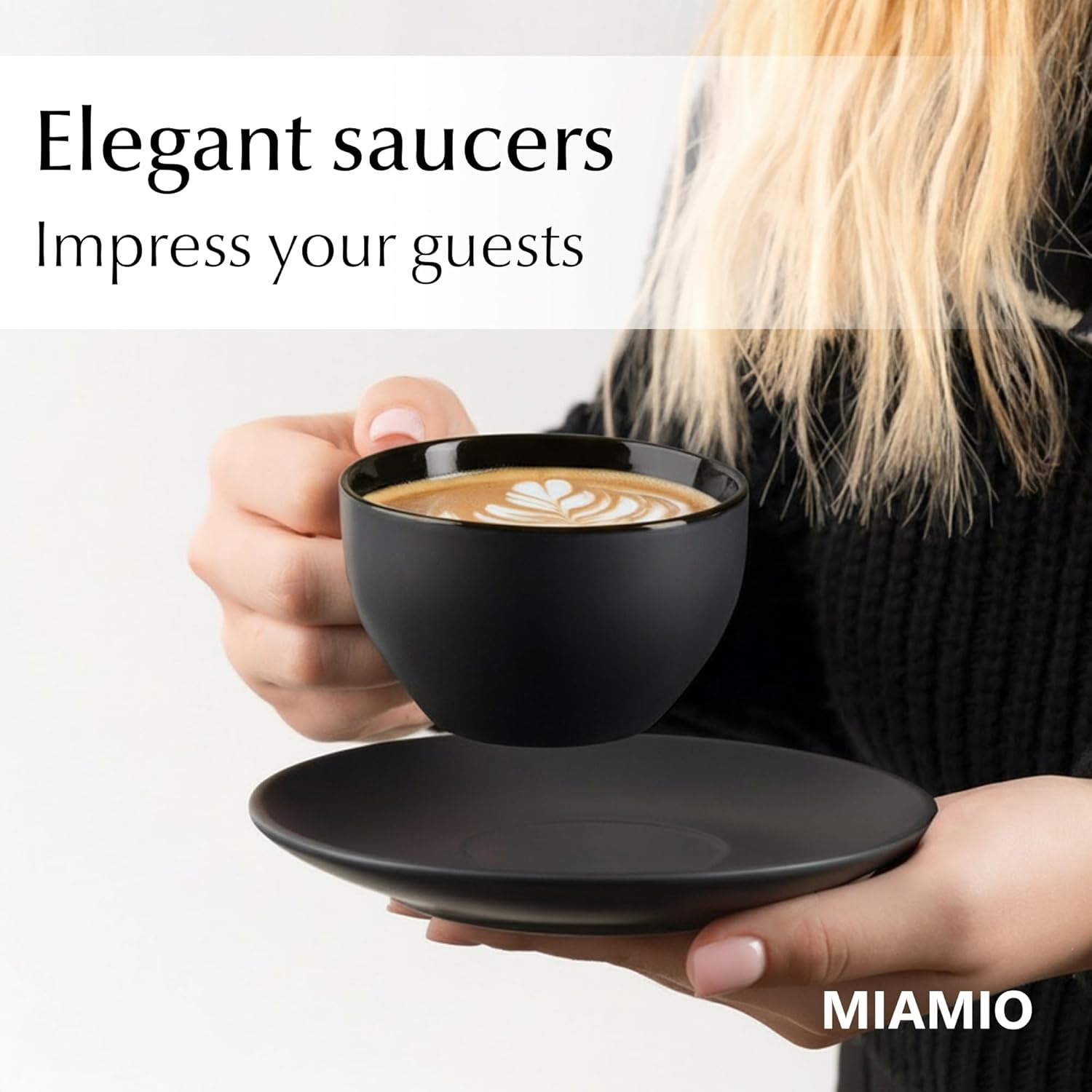 MIAMIO - Set of 6, Ceramic Stackable Cappuccino Cups Set / 175 ml Cappuccino Mugs and Saucer with Metal Stand for Coffee Drinks, Cappuccino, Latte, Americano and Tea - Le Papillon Collection (Black) - Image 7