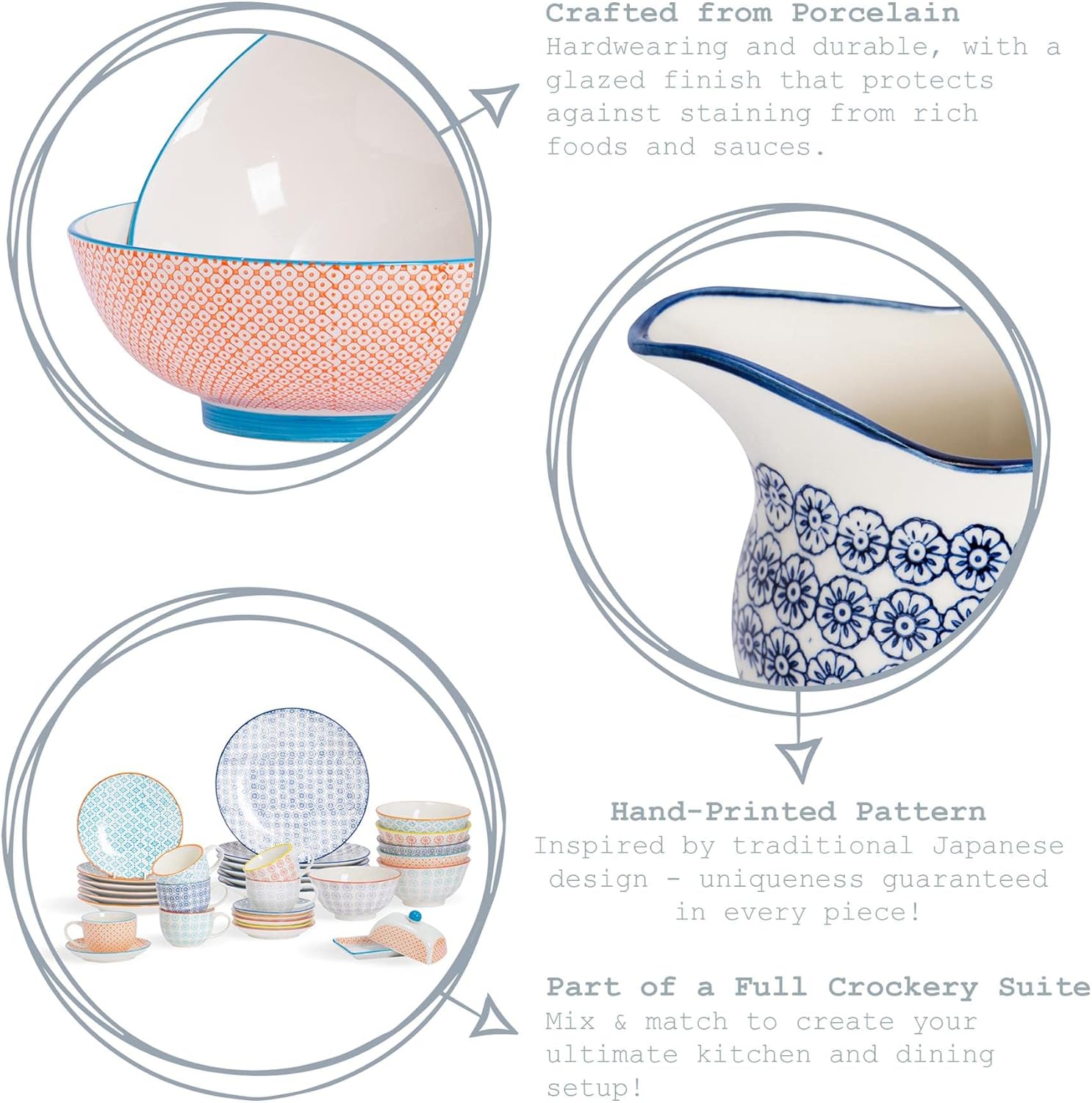 Nicola Spring Hand-Printed Mug - 330ml - Navy, Orange & Blue - Pack of 6 - Porcelain Hot Chocolate Cups Tea & Coffee Mugs for Kitchens, Cafes & Restaurants - Image 2