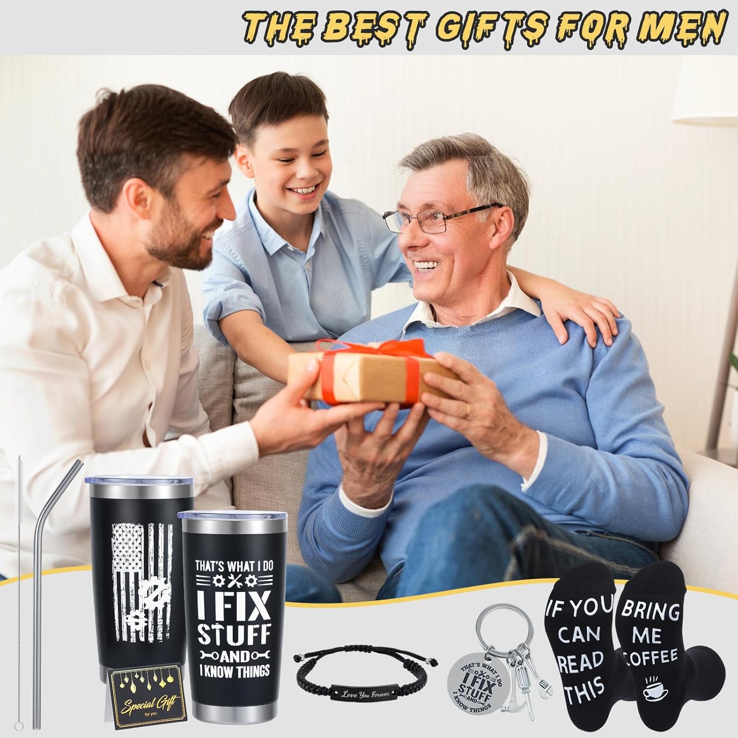 Birthday Gifts for Men - Unique Valentine's Day/Father's Day Present for Dad, 5Piece Men's Gift Set with 20oz Tumbler, Keychain, Bracelet, Socks & Card, Boyfriend & Grandad, Fun Gift Idea for Him - Image 4
