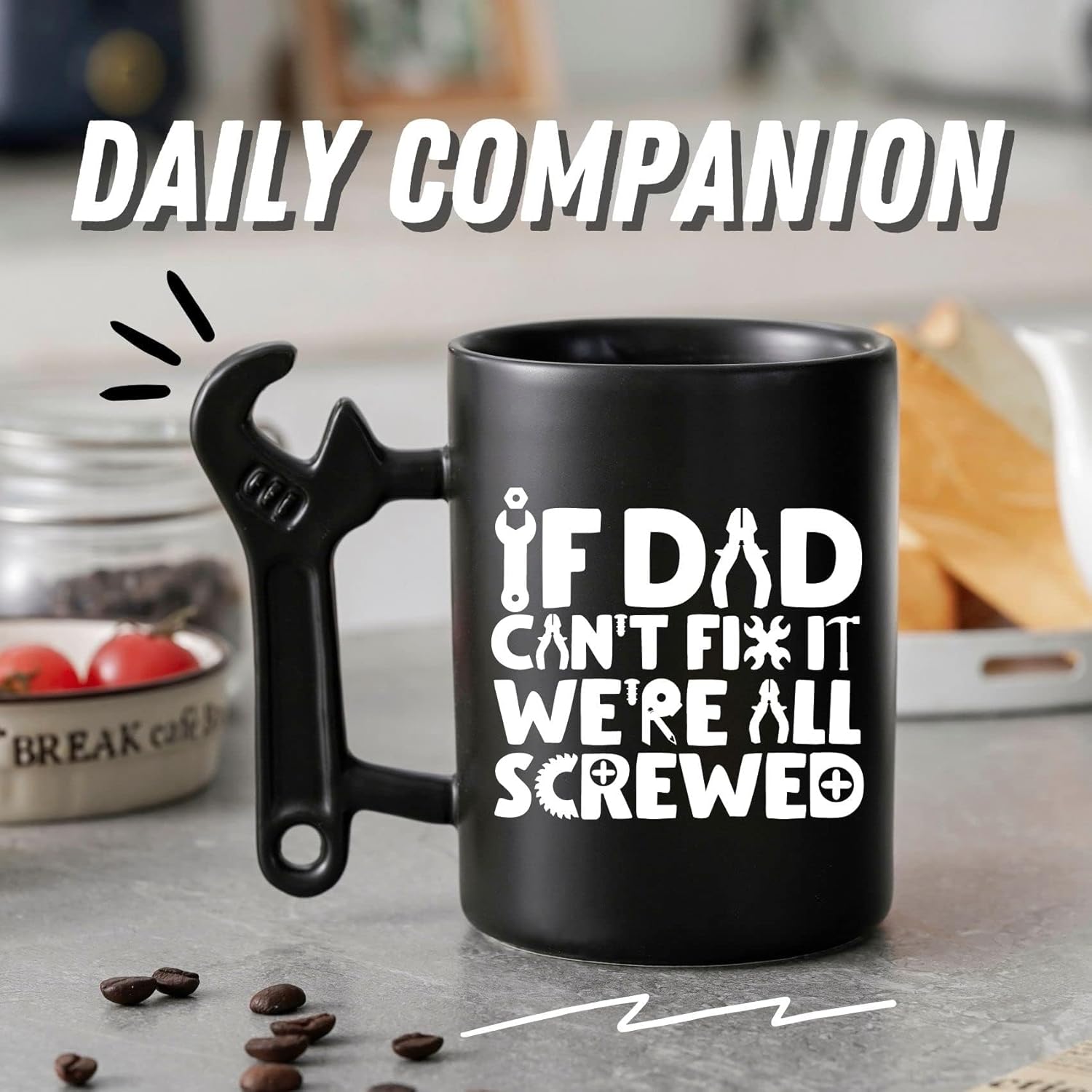 Onebttl Dad Gifts from Daughter and Son, Coffee Mug with Wrench Spanner Handle, 400ml Funny Ceramic Cup for Father on Birthday, Father's Day, Christmas - If Dad Can't Fix We are All Screwed - Image 2
