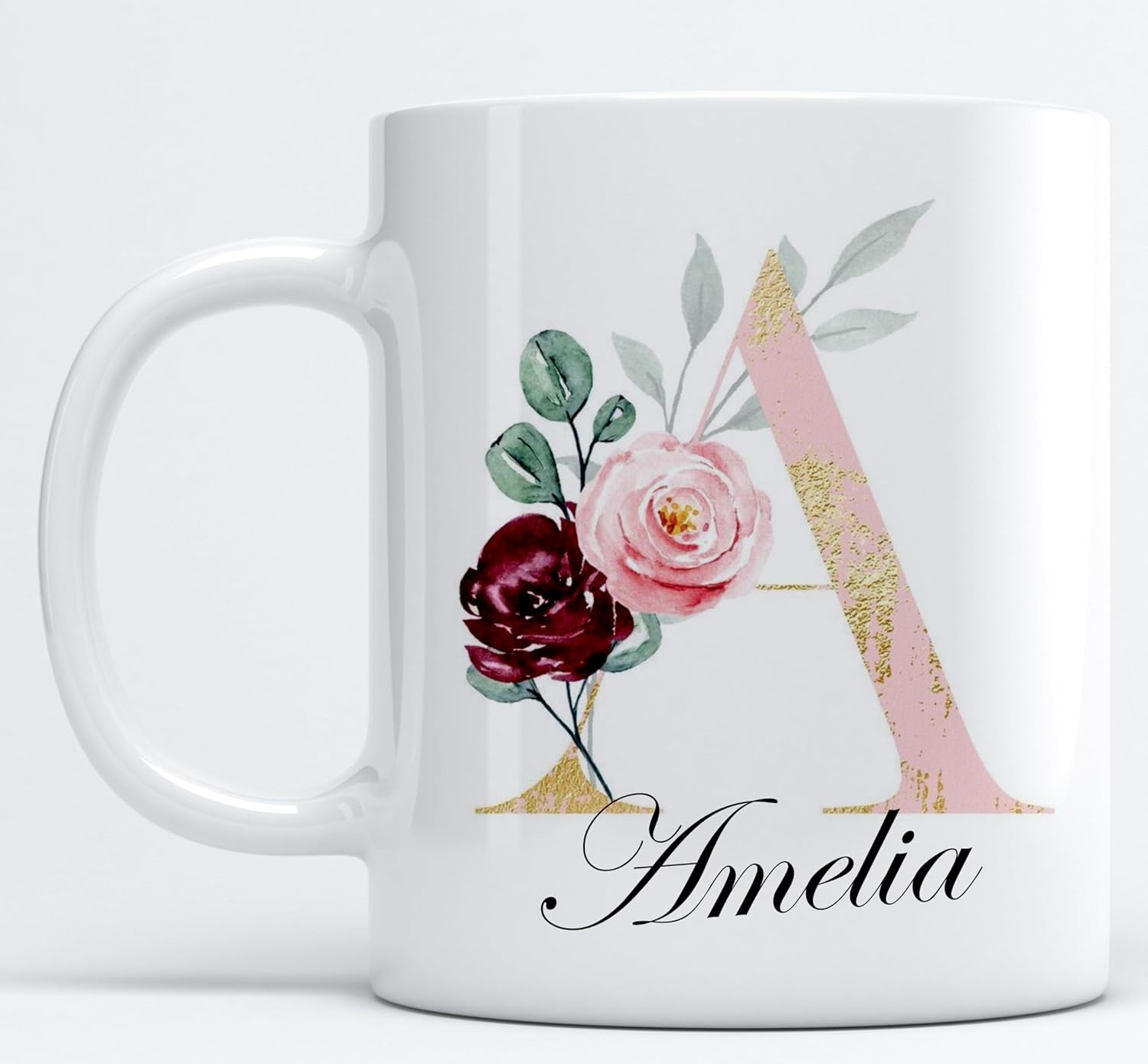 Personalised Mug Stylish Glitter Initial with Name, Customised Gift for Christmas Day, Birthdays, Valentine’s Day, Fathers Day for Mom, Dad, Friends, 11oz Ceramic Coffee/Tea Cup (Glitter Rose Gold)